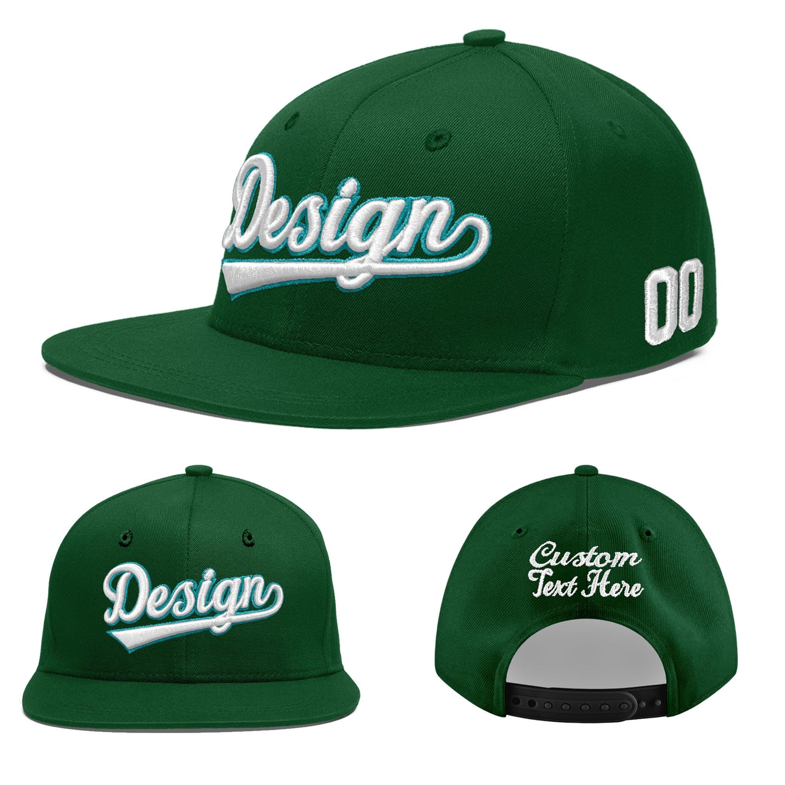 Custom Green 3D Puff Embroidery Flat Embroidery Casual Sport Baseball Cap