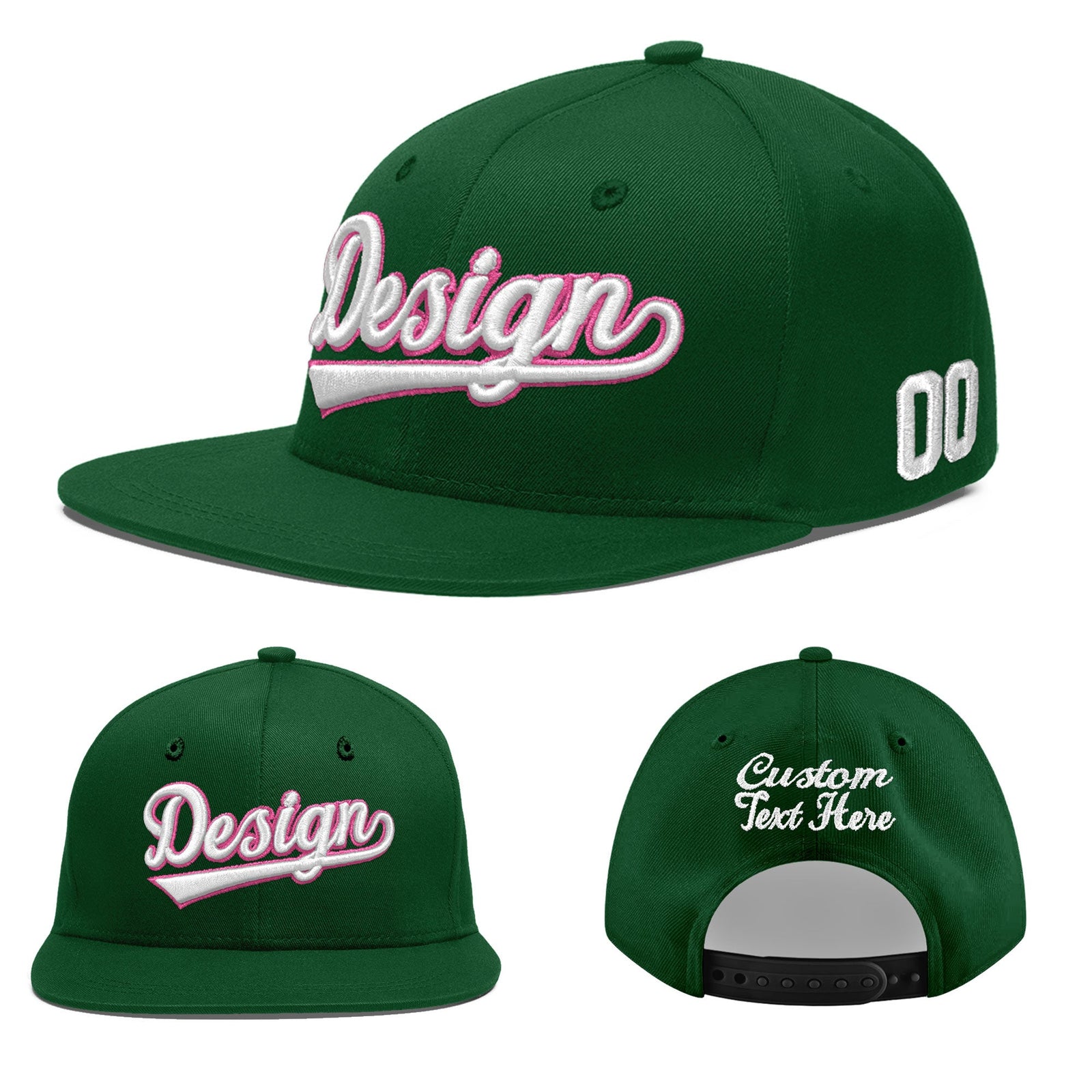 Custom Green 3D Puff Embroidery Flat Embroidery Casual Sport Baseball Cap