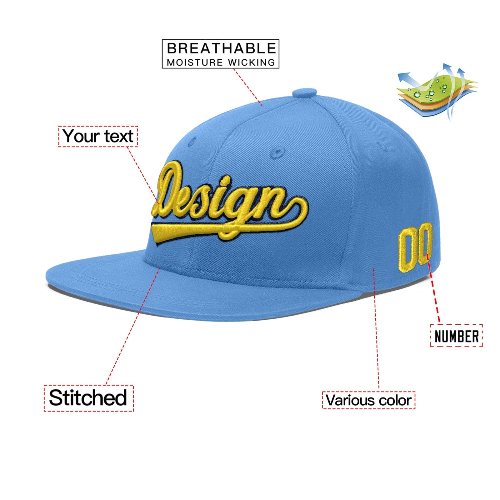 Custom Light Blue 3D Puff Embroidery Flat Embroidery Casual Sport Baseball Cap