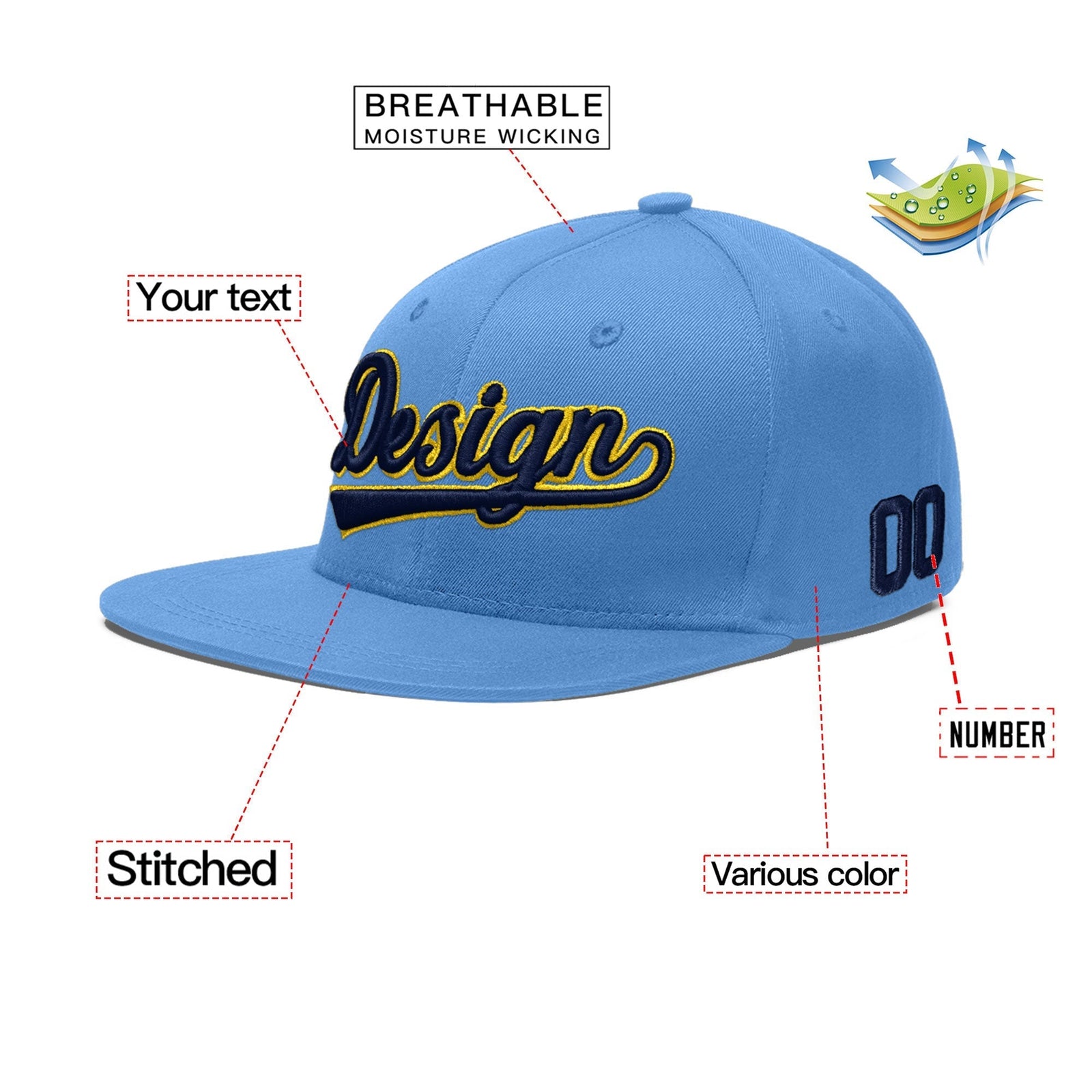 Custom Light Blue 3D Puff Embroidery Flat Embroidery Casual Sport Baseball Cap