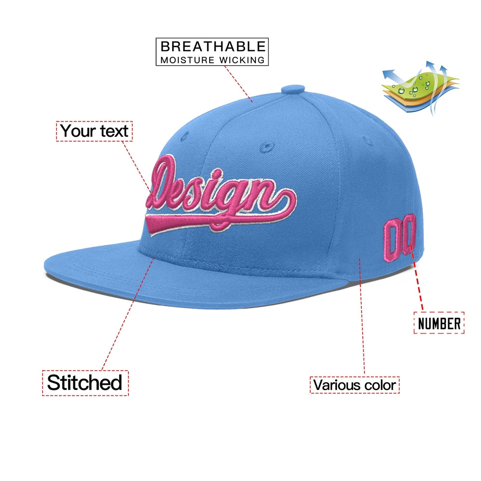 Custom Light Blue 3D Puff Embroidery Flat Embroidery Casual Sport Baseball Cap