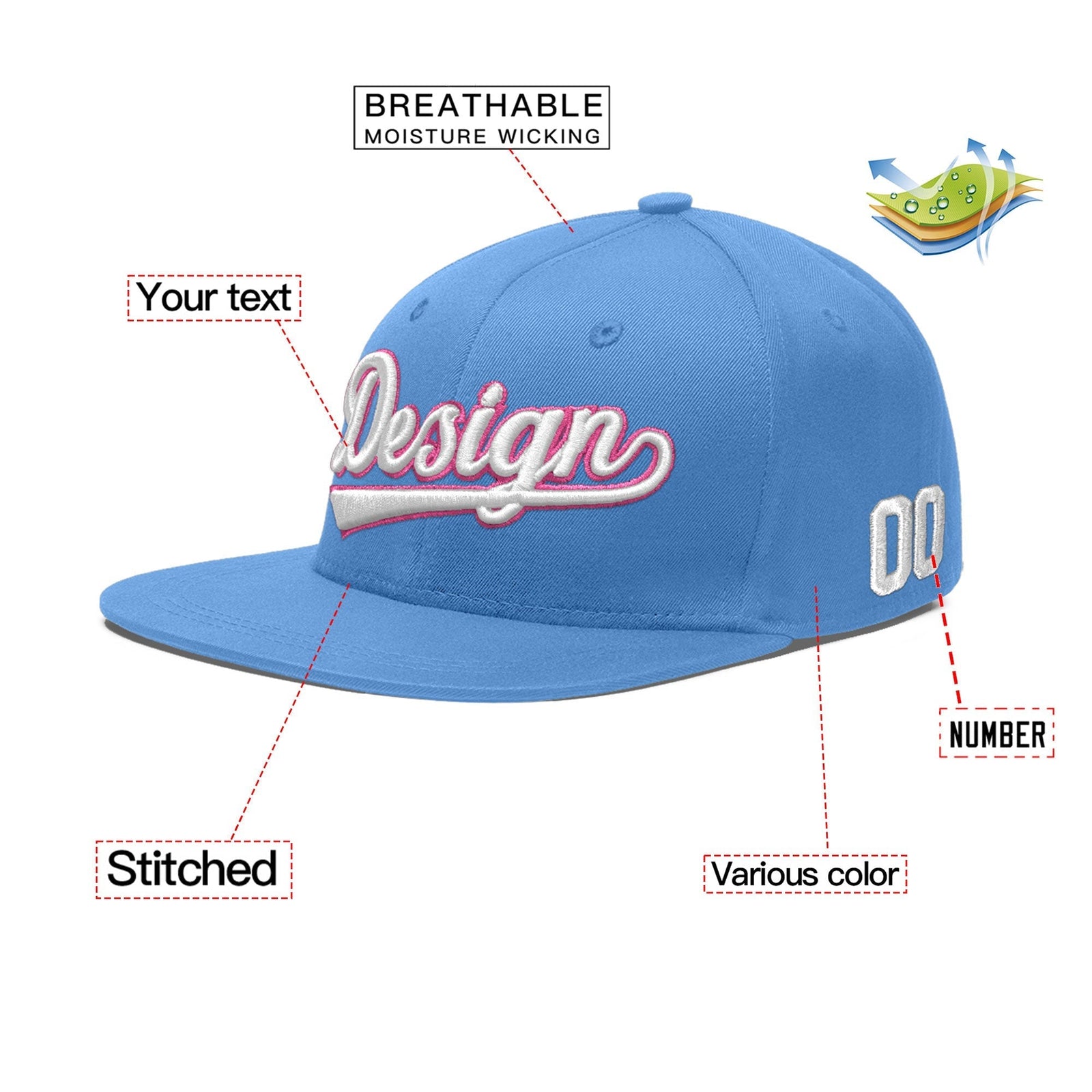 Custom Light Blue 3D Puff Embroidery Flat Embroidery Casual Sport Baseball Cap