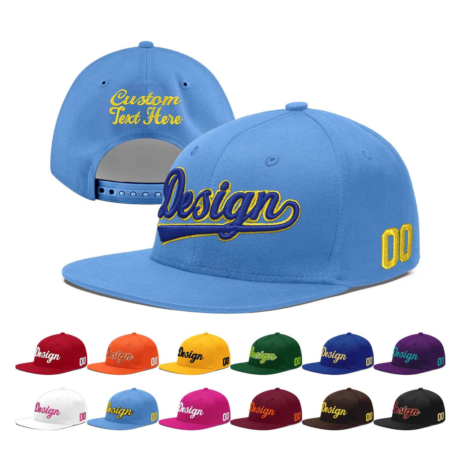 Custom Powder Blue 3D Puff Embroidery Flat Embroidery Casual Sport Baseball Cap