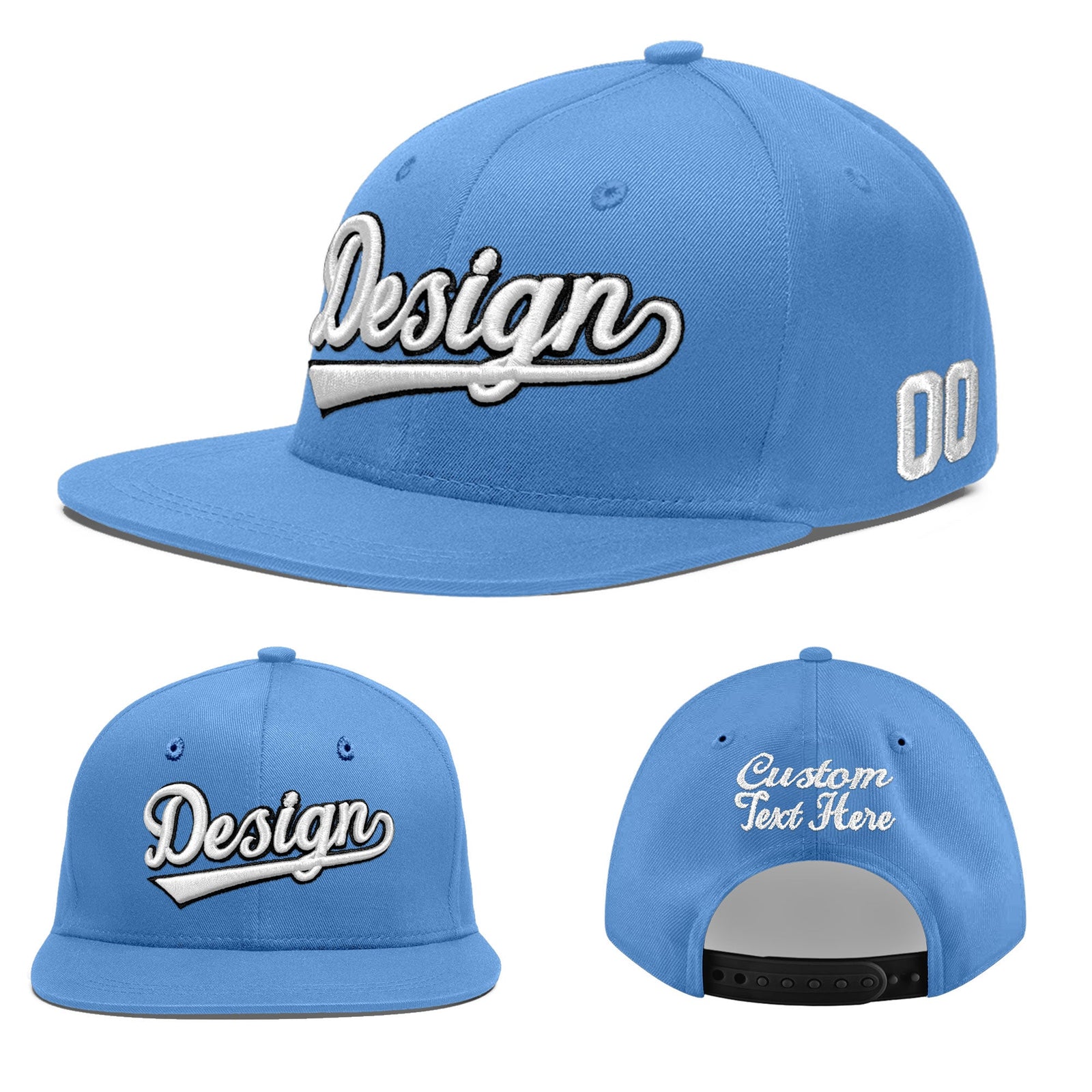 Custom Powder Blue 3D Puff Embroidery Flat Embroidery Casual Sport Baseball Cap