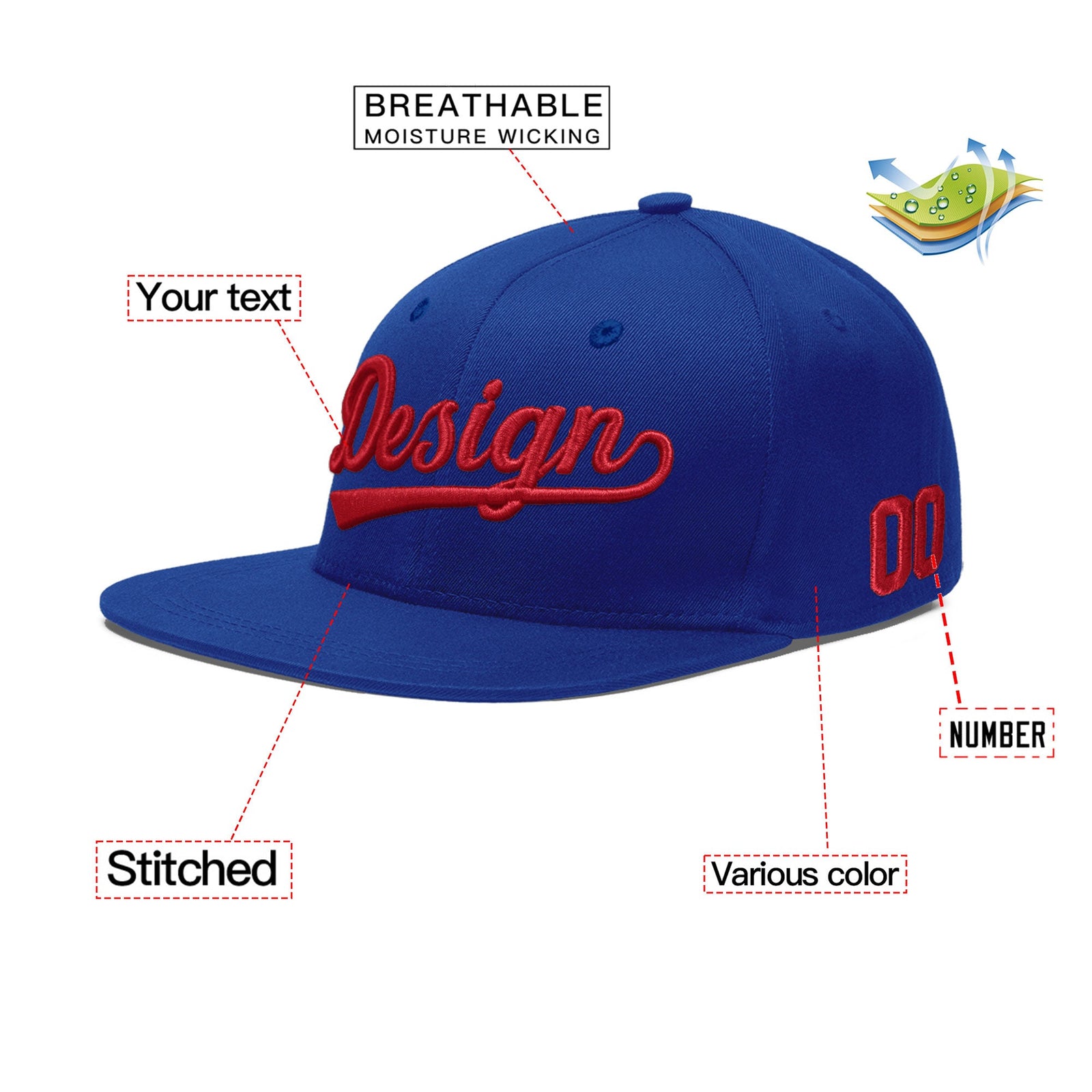 Custom Royal 3D Puff Embroidery Flat Embroidery Casual Sport Baseball Cap