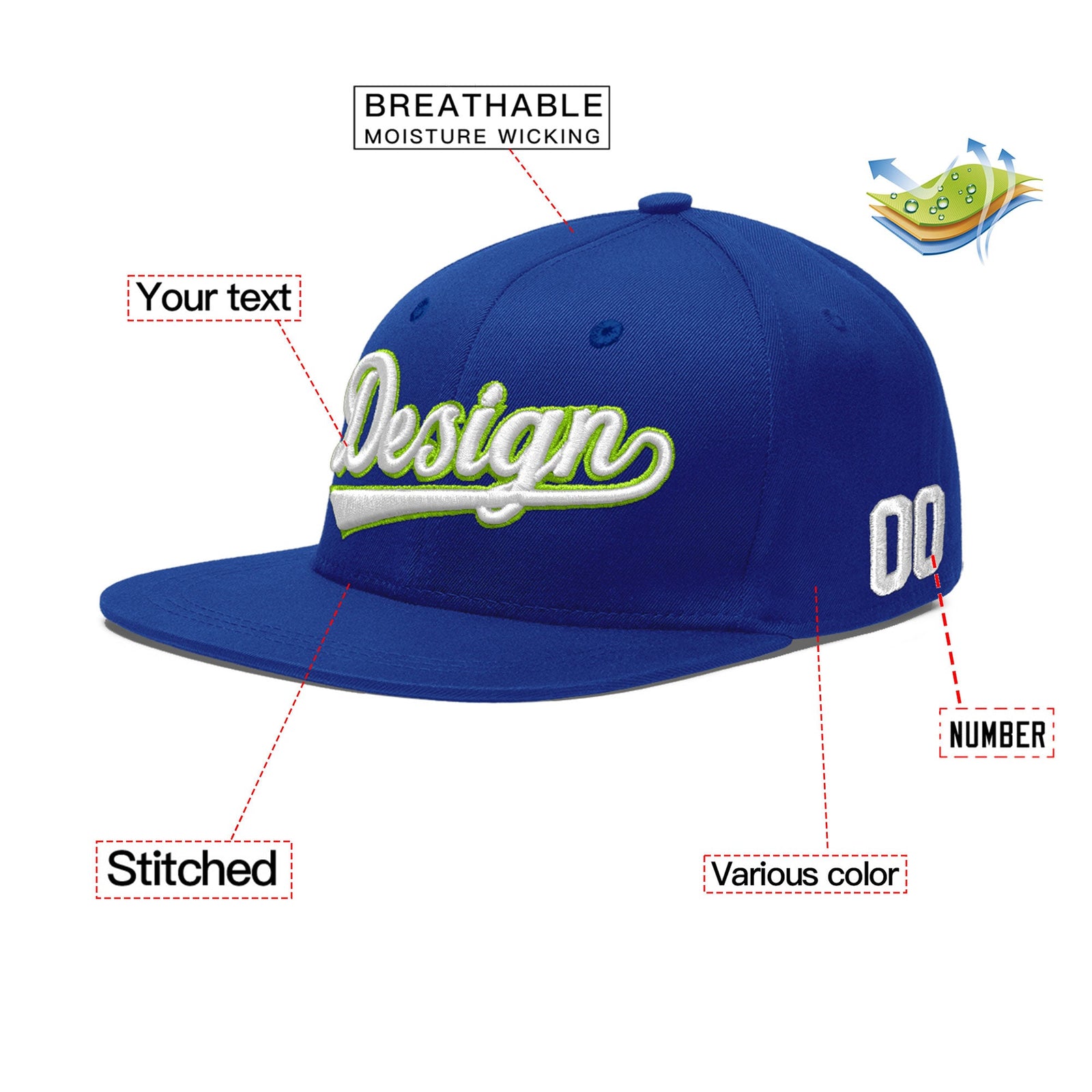 Custom Royal 3D Puff Embroidery Flat Embroidery Casual Sport Baseball Cap