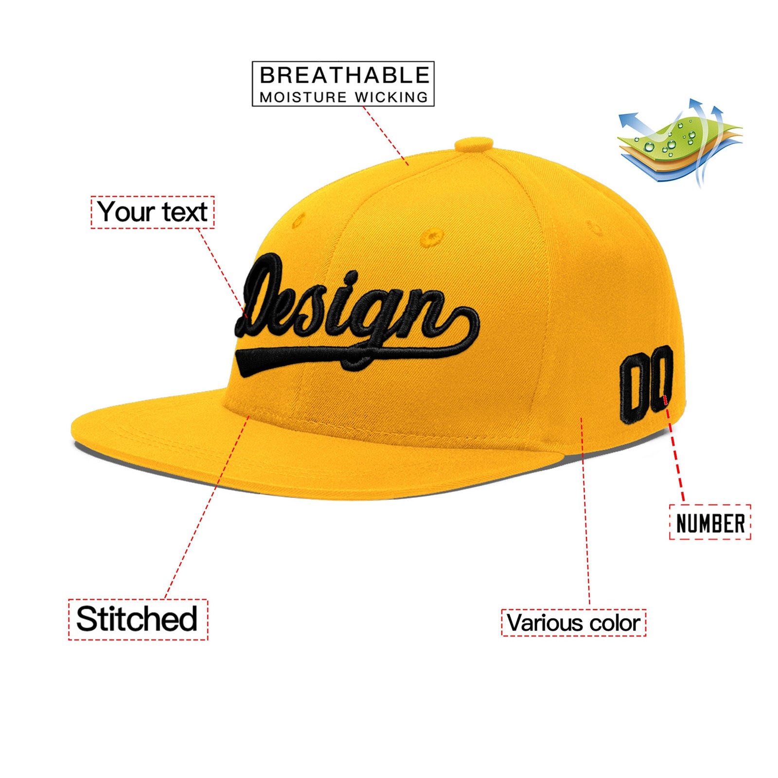 Custom Yellow 3D Puff Embroidery Flat Embroidery Casual Sport Baseball Cap