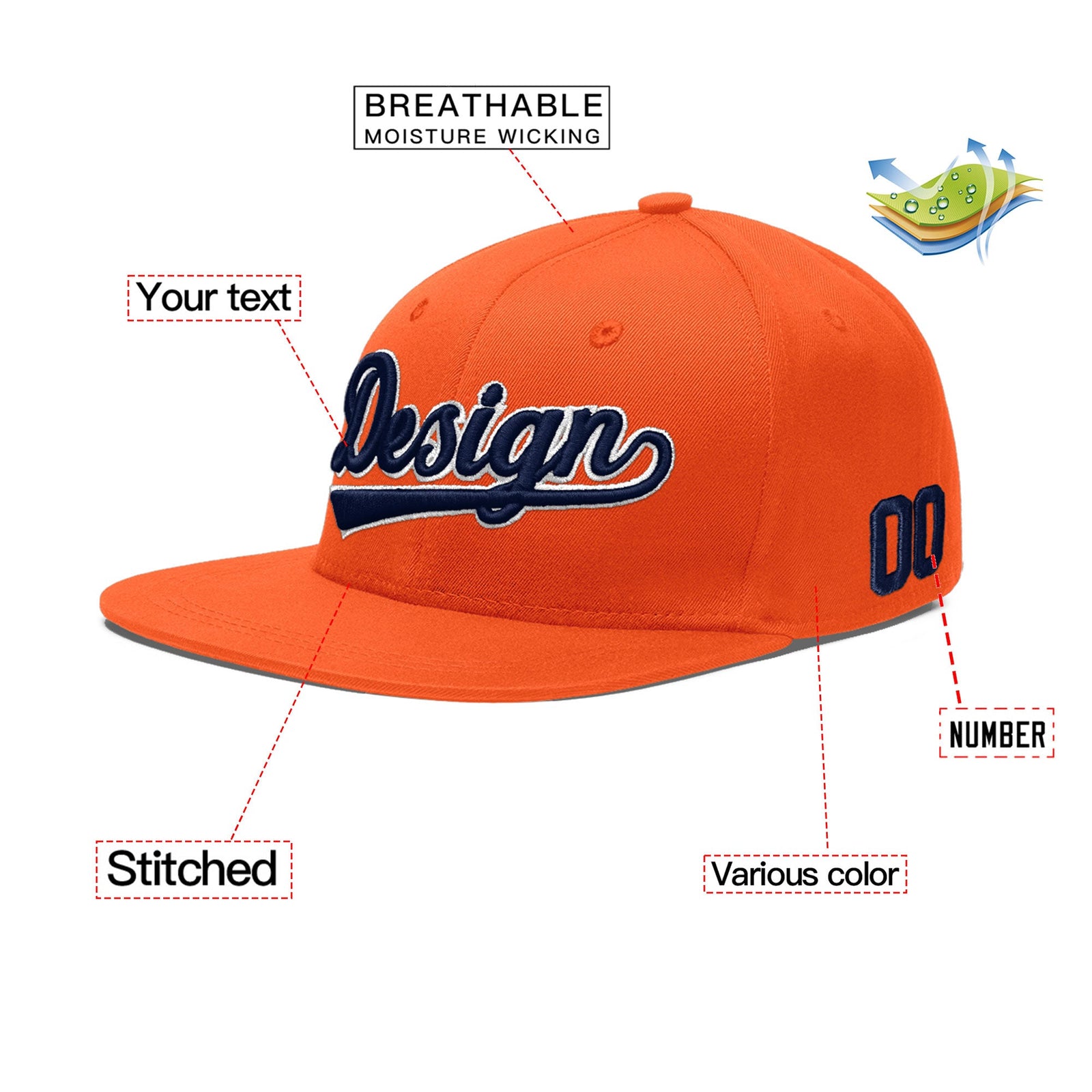 Custom Orange 3D Puff Embroidery Flat Embroidery Casual Sport Baseball Cap