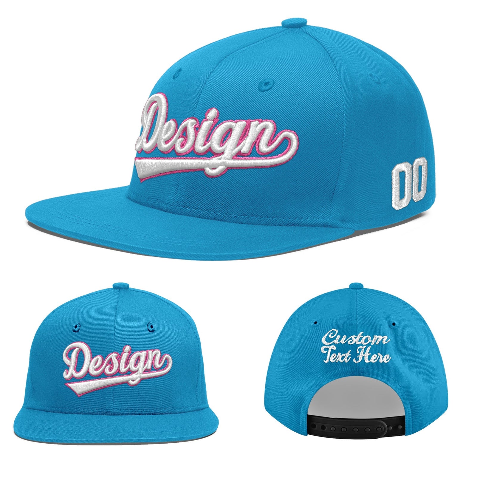 Custom Light Blue 3D Puff Embroidery Flat Embroidery Casual Sport Baseball Cap