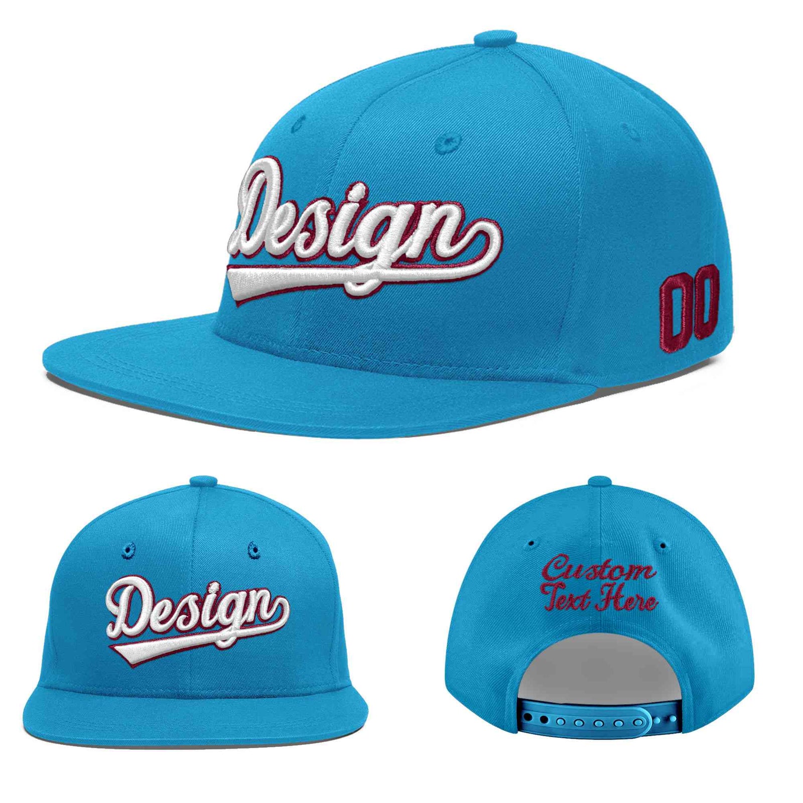 Custom Light Blue 3D Puff Embroidery Flat Embroidery Casual Sport Baseball Cap