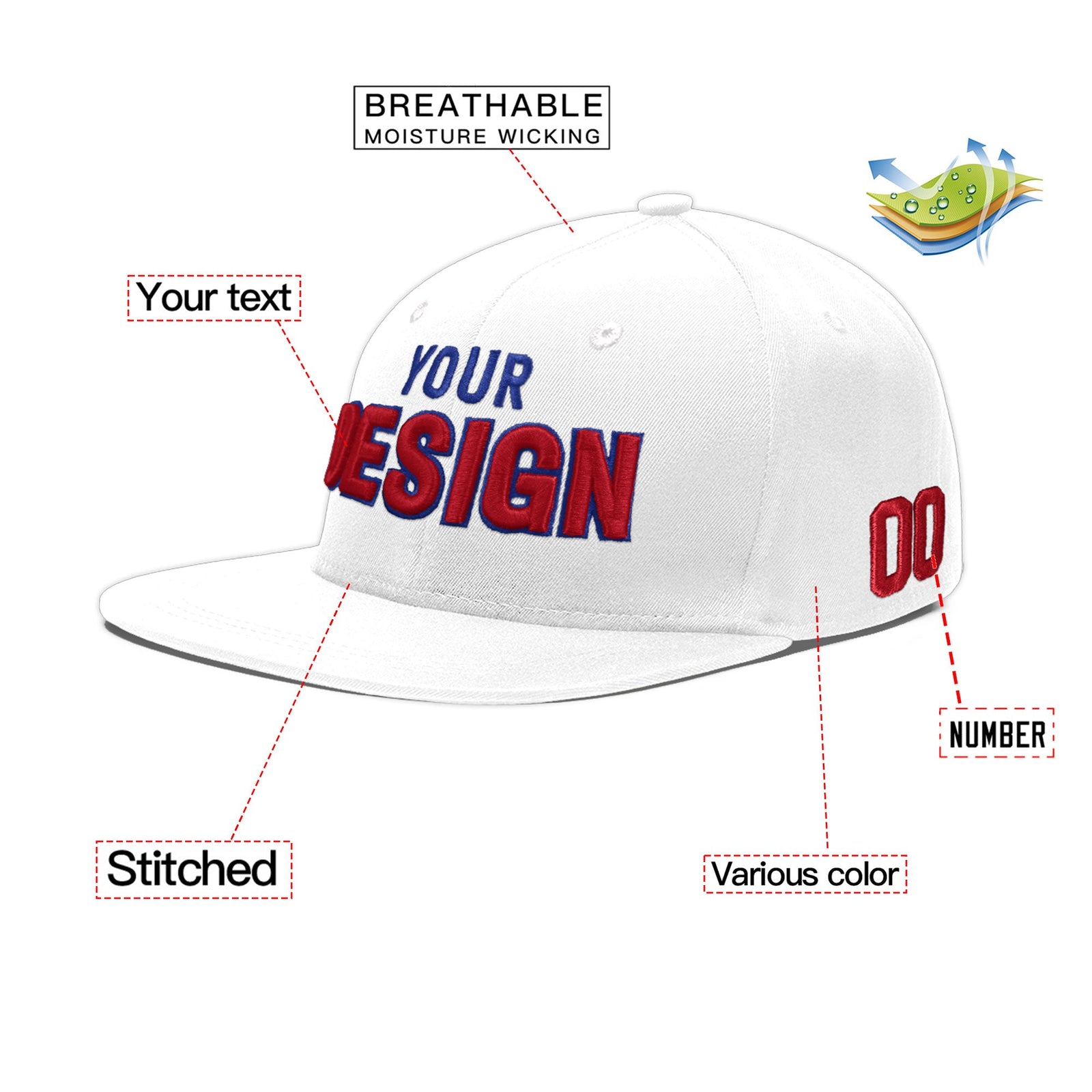 Custom White 3D Puff Embroidery Flat Embroidery Casual Sport Baseball Cap