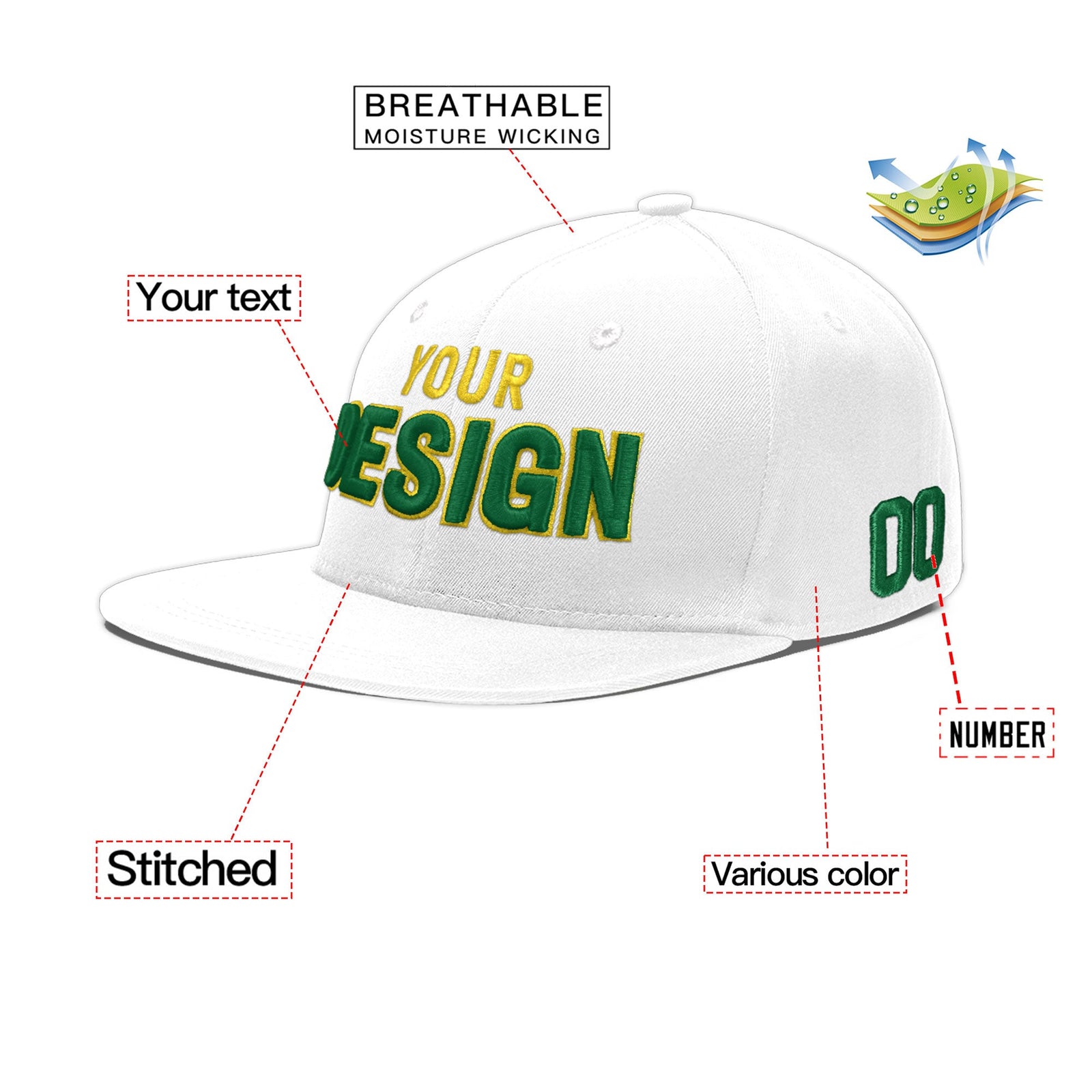 Custom White 3D Puff Embroidery Flat Embroidery Casual Sport Baseball Cap