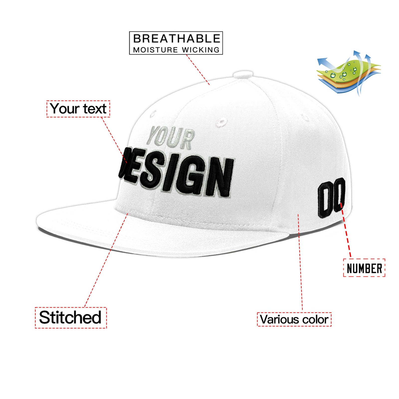Custom White 3D Puff Embroidery Flat Embroidery Casual Sport Baseball Cap