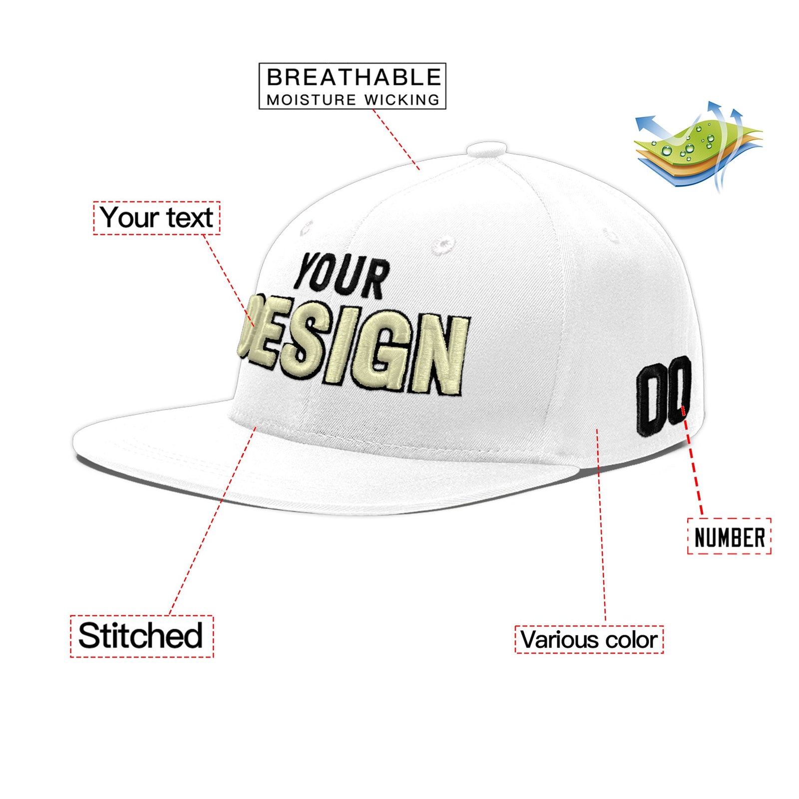 Custom White 3D Puff Embroidery Flat Embroidery Casual Sport Baseball Cap