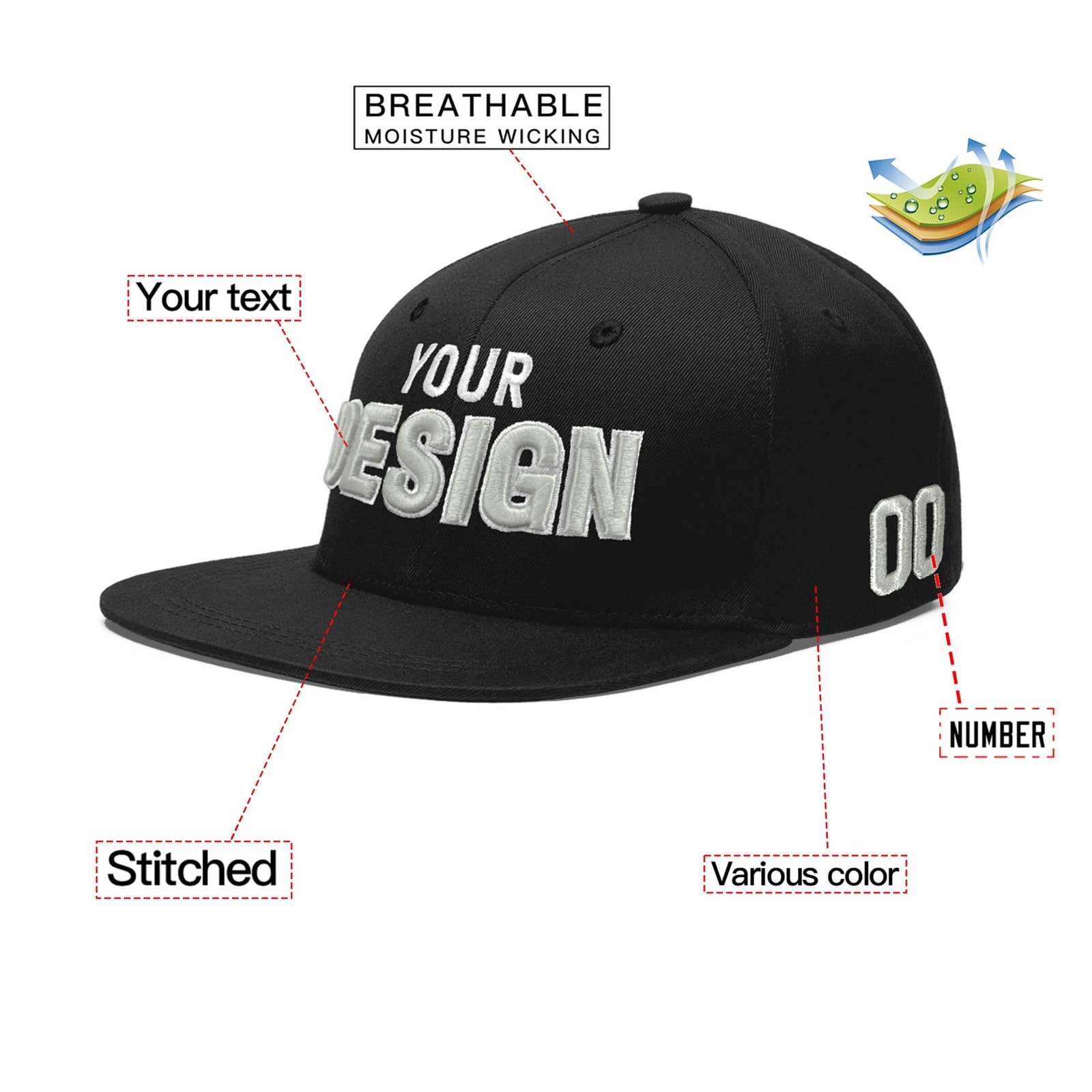 Custom Black 3D Puff Embroidery Flat Embroidery Casual Sport Baseball Cap