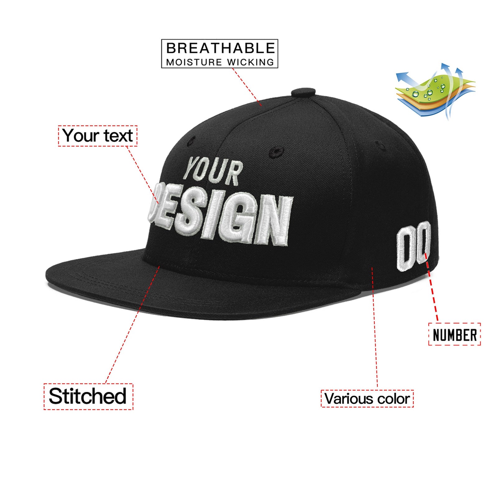 Custom Black 3D Puff Embroidery Flat Embroidery Casual Sport Baseball Cap