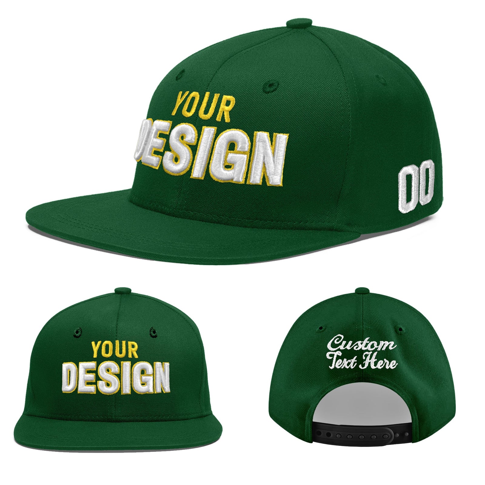 Custom Green 3D Puff Embroidery Flat Embroidery Casual Sport Baseball Cap