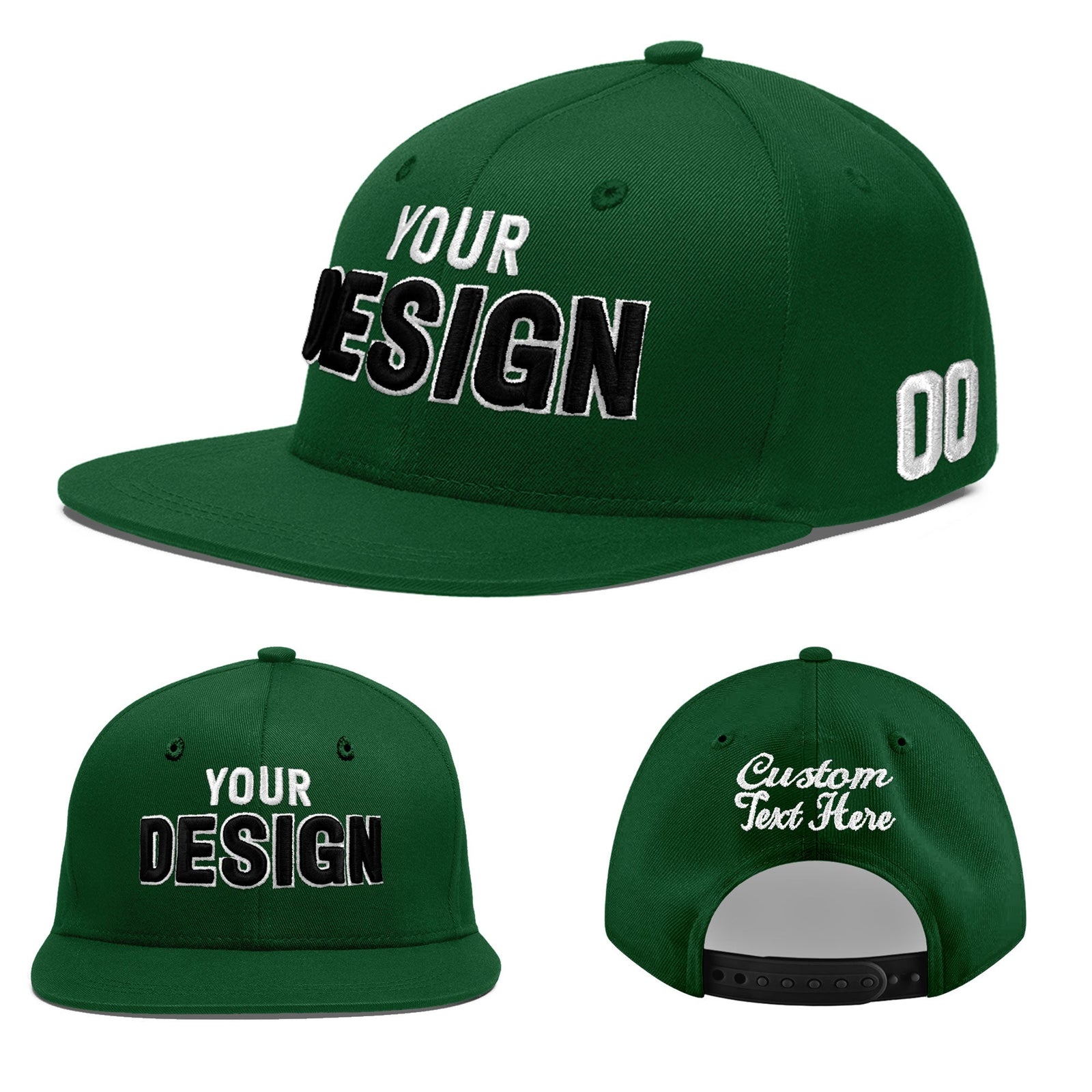 Custom Green 3D Puff Embroidery Flat Embroidery Casual Sport Baseball Cap