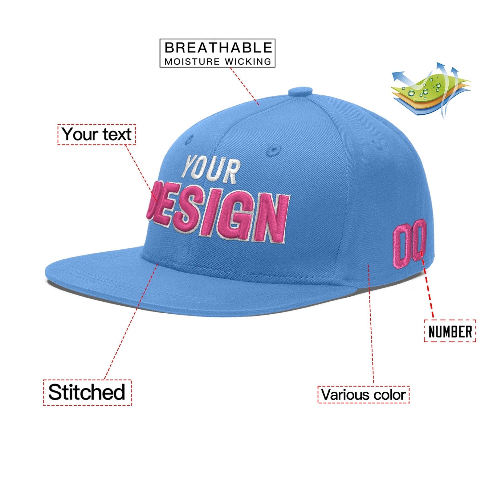 Custom Light Blue 3D Puff Embroidery Flat Embroidery Casual Sport Baseball Cap