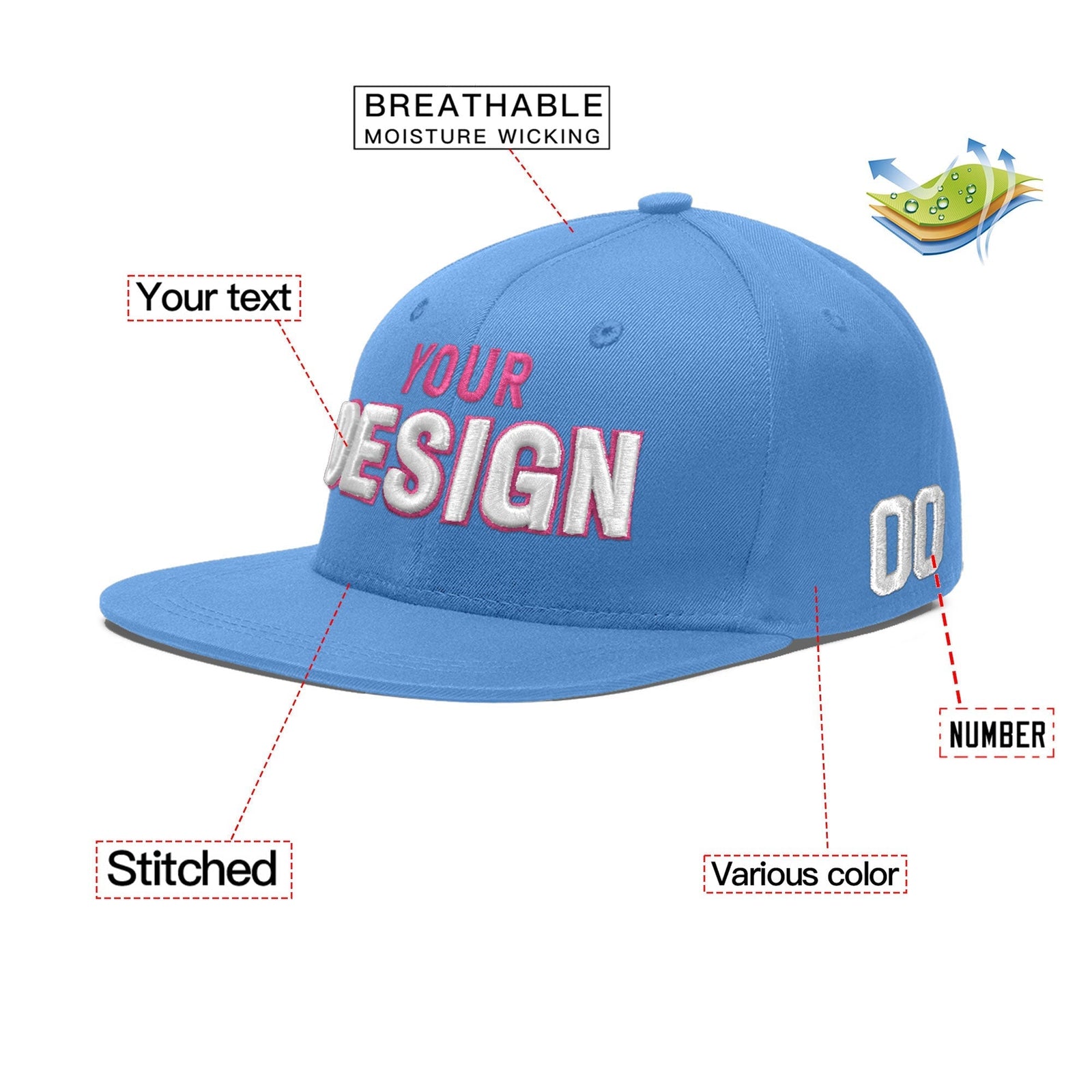 Custom Light Blue 3D Puff Embroidery Flat Embroidery Casual Sport Baseball Cap