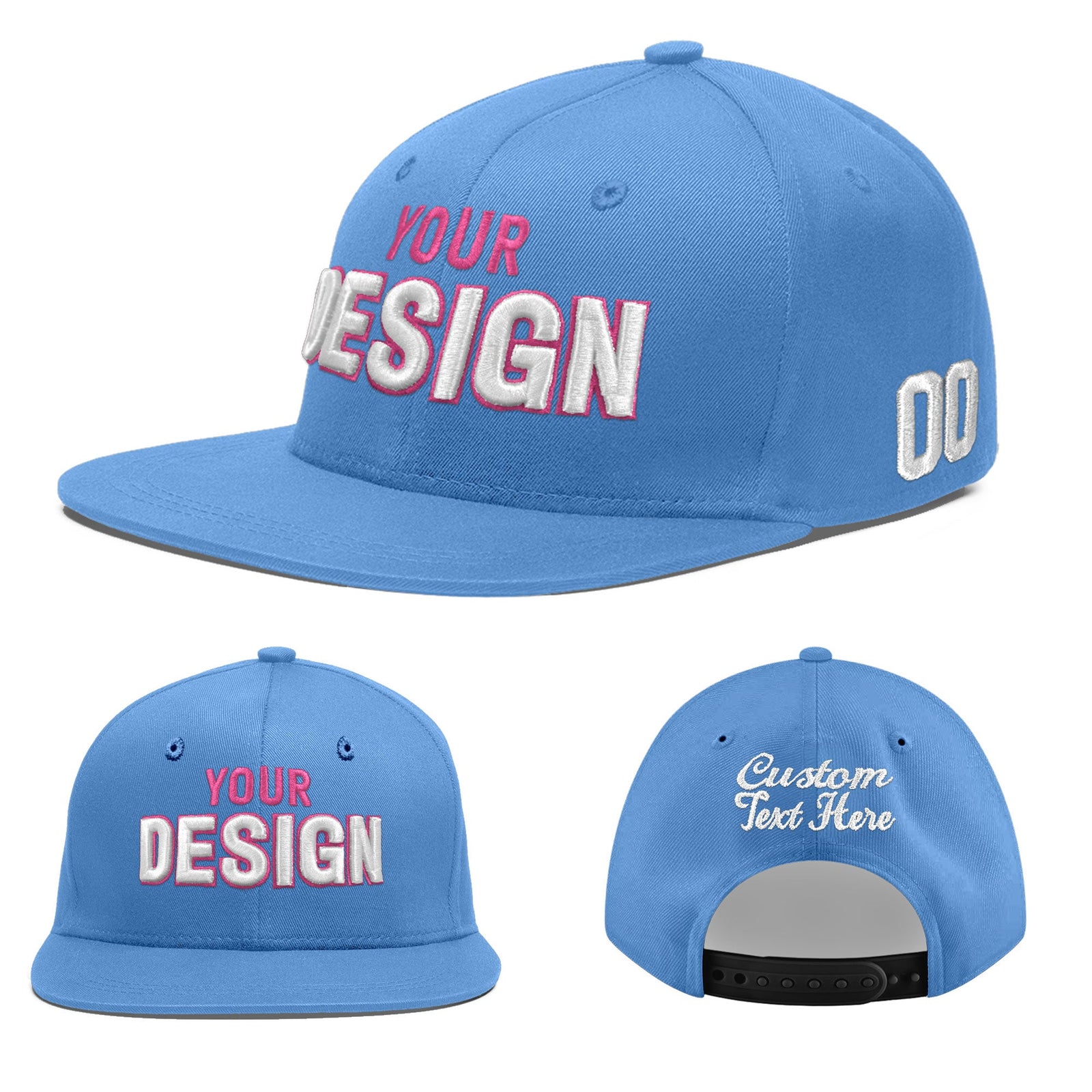 Custom Powder Blue 3D Puff Embroidery Flat Embroidery Casual Sport Baseball Cap