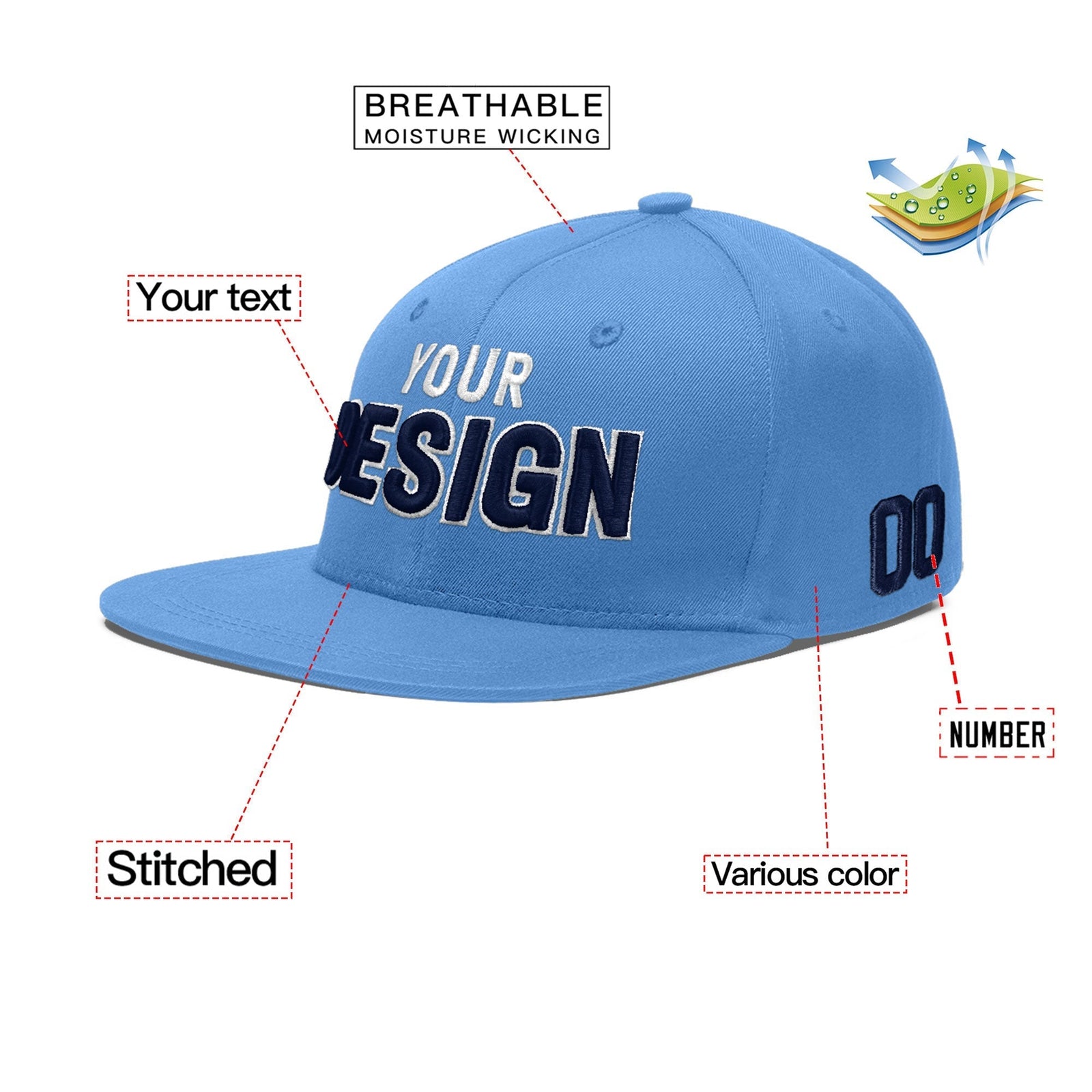 Custom Light Blue 3D Puff Embroidery Flat Embroidery Casual Sport Baseball Cap