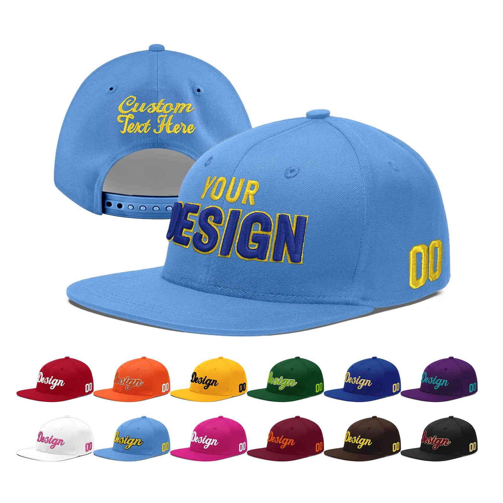 Custom Powder Blue 3D Puff Embroidery Flat Embroidery Casual Sport Baseball Cap