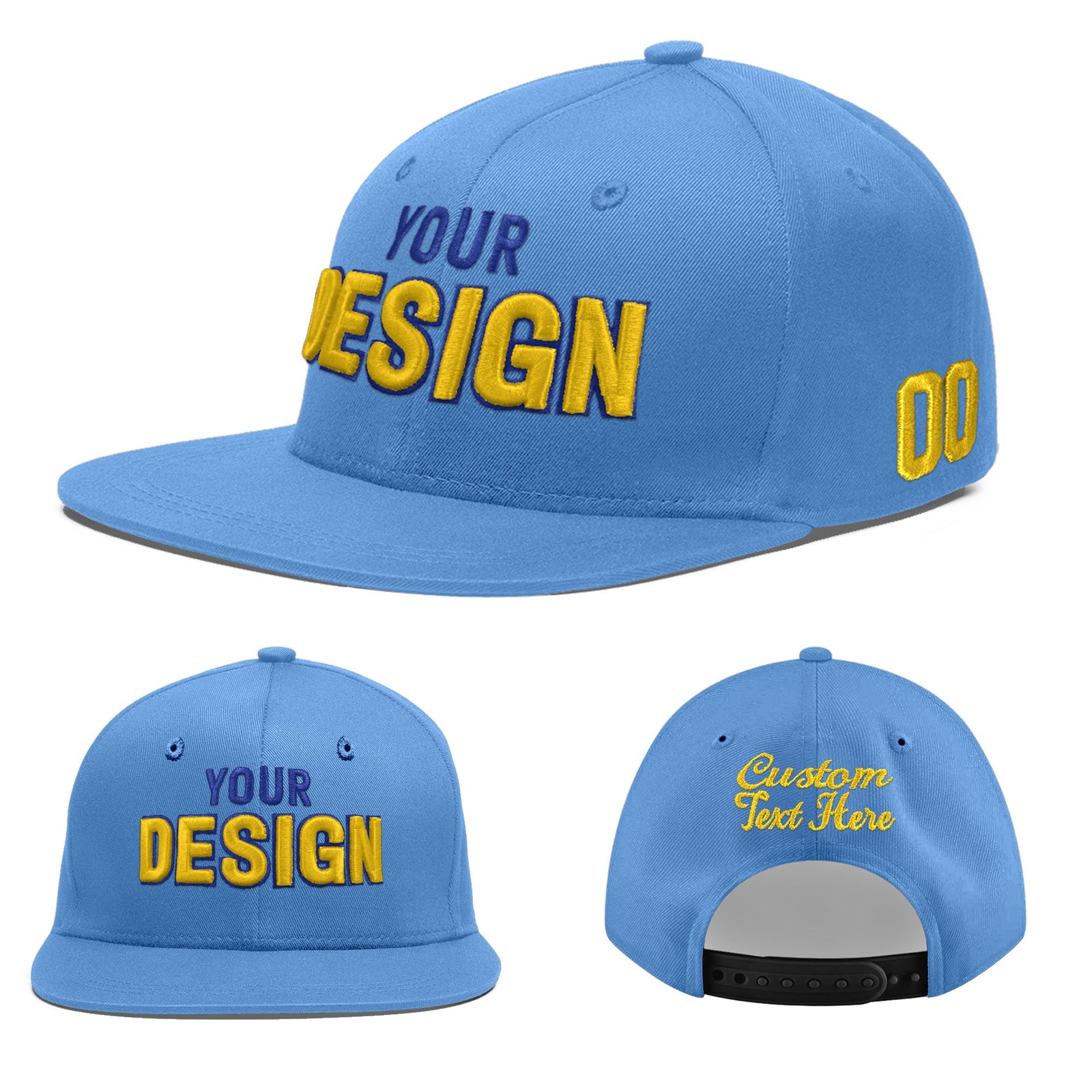 Custom Powder Blue 3D Puff Embroidery Flat Embroidery Casual Sport Baseball Cap