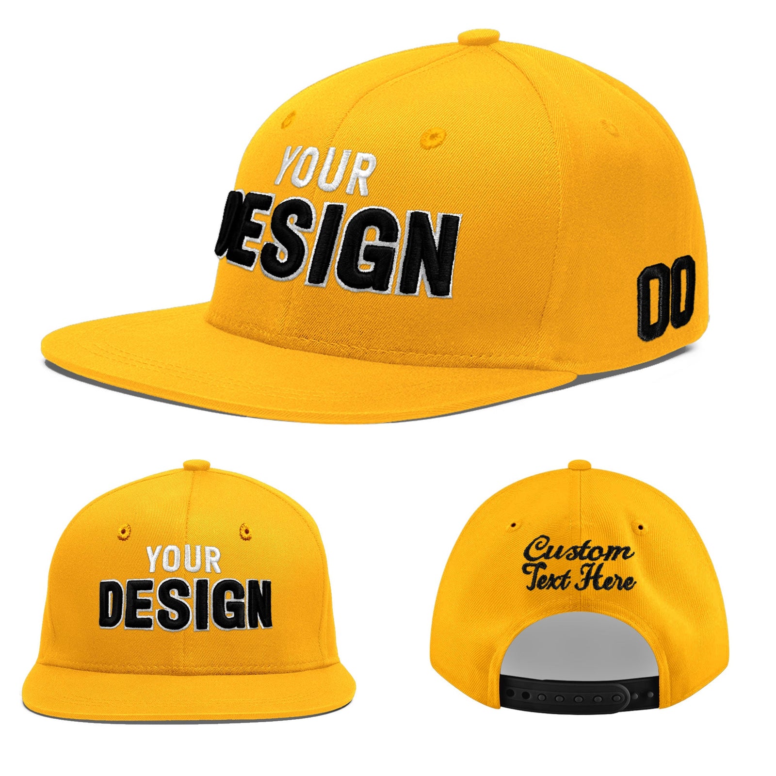 Custom Yellow 3D Puff Embroidery Flat Embroidery Casual Sport Baseball Cap
