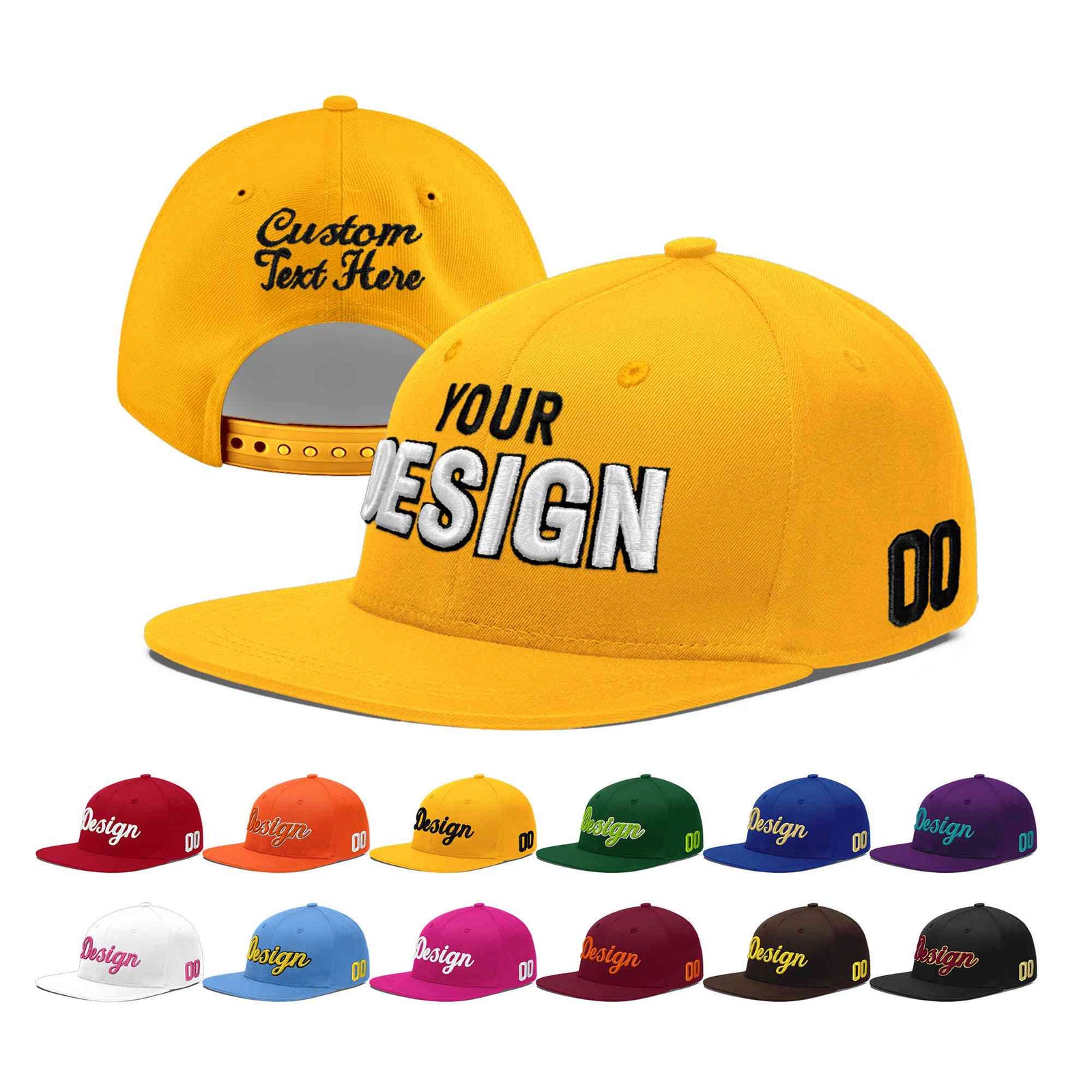 Custom Yellow 3D Puff Embroidery Flat Embroidery Casual Sport Baseball Cap