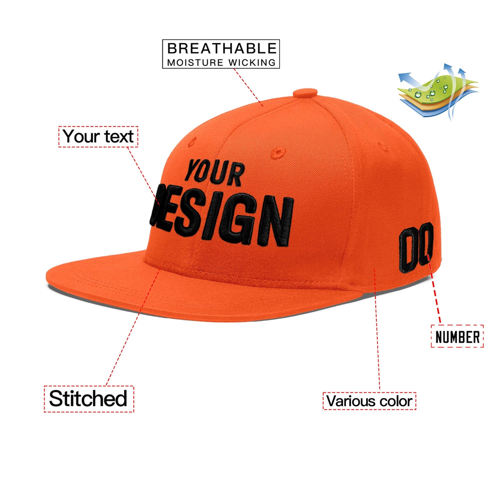 Custom Orange 3D Puff Embroidery Flat Embroidery Casual Sport Baseball Cap