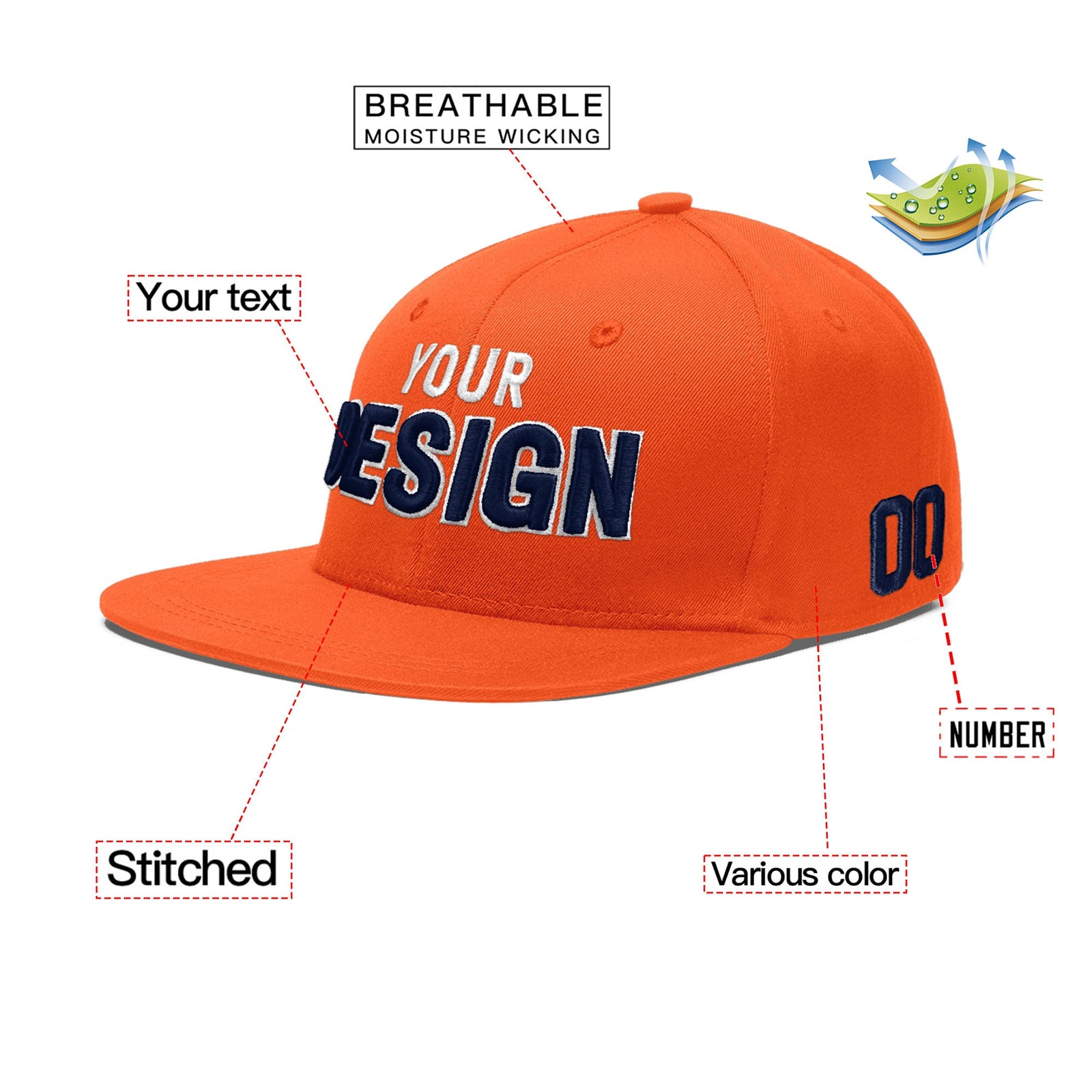 Custom Orange 3D Puff Embroidery Flat Embroidery Casual Sport Baseball Cap