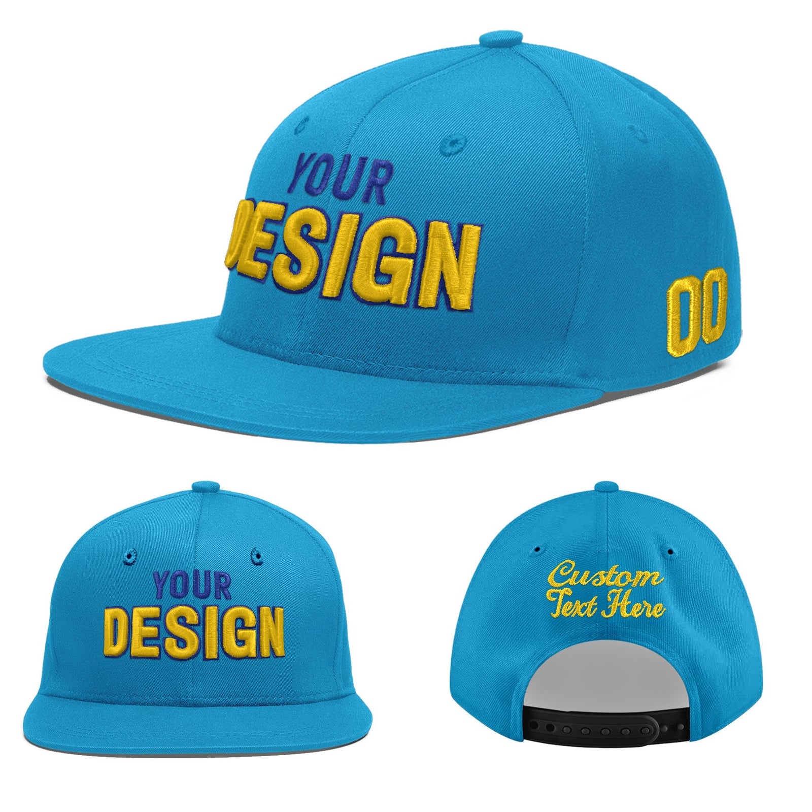 Custom Light Blue 3D Puff Embroidery Flat Embroidery Casual Sport Baseball Cap