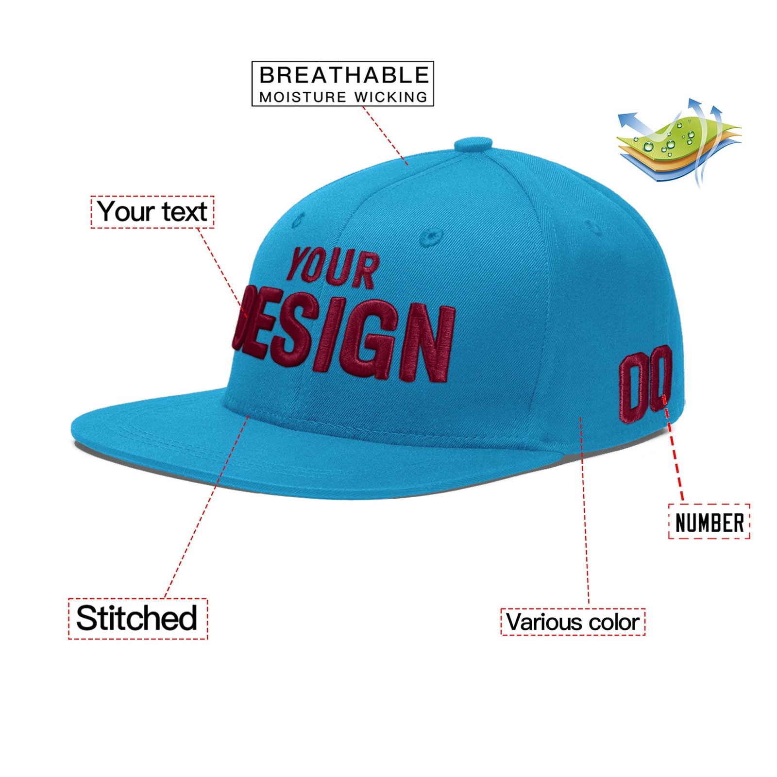 Custom Light Blue 3D Puff Embroidery Flat Embroidery Casual Sport Baseball Cap