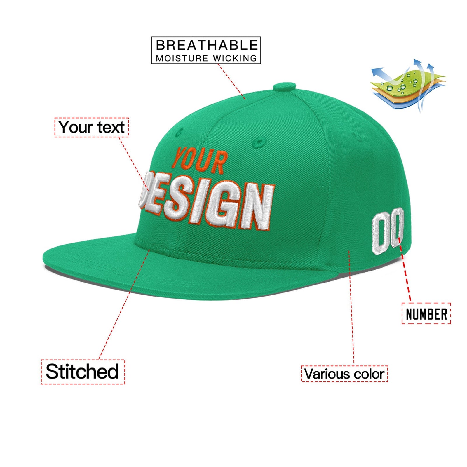 Custom Aqua 3D Puff Embroidery Flat Embroidery Casual Sport Baseball Cap