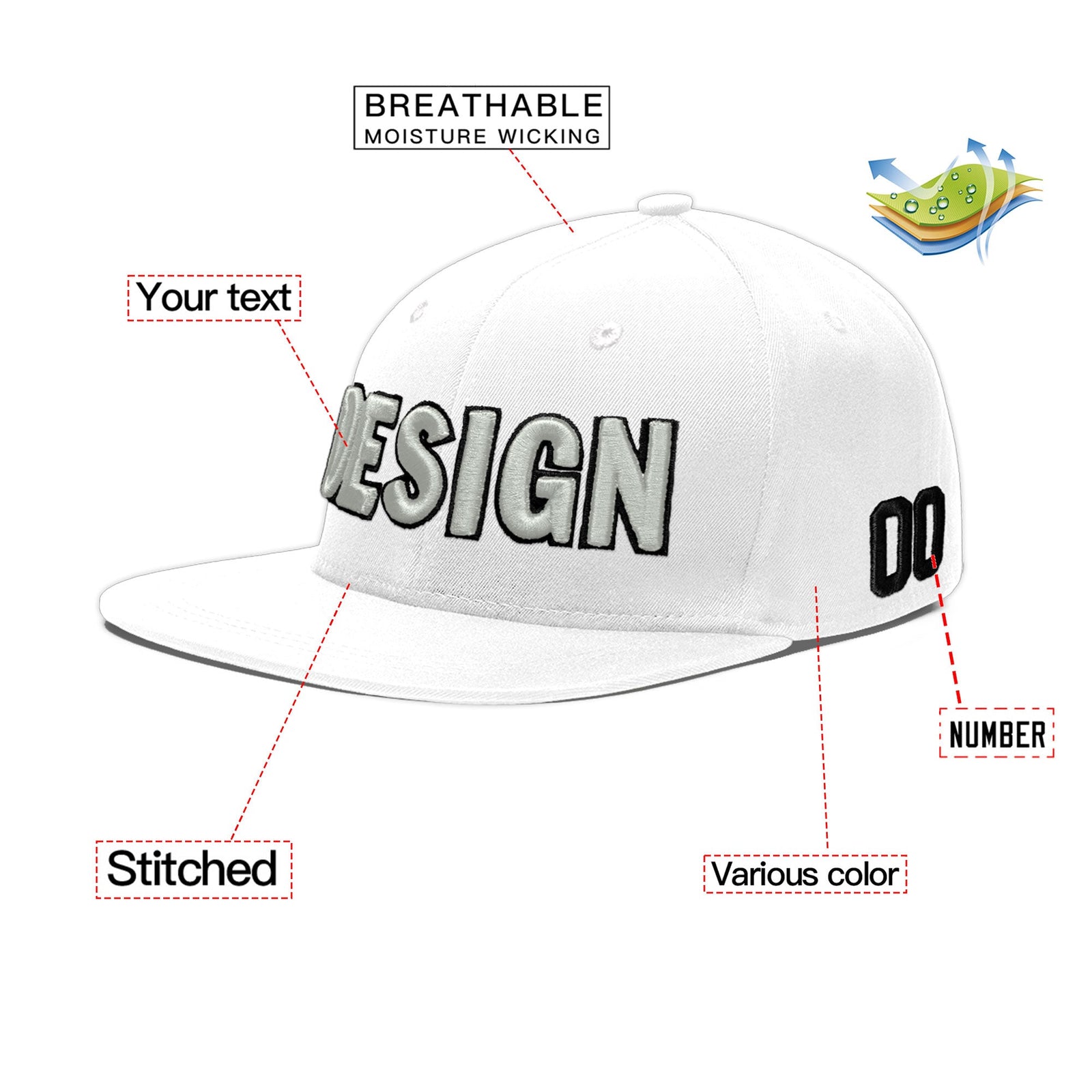 Custom White 3D Puff Embroidery Flat Embroidery Casual Sport Baseball Cap