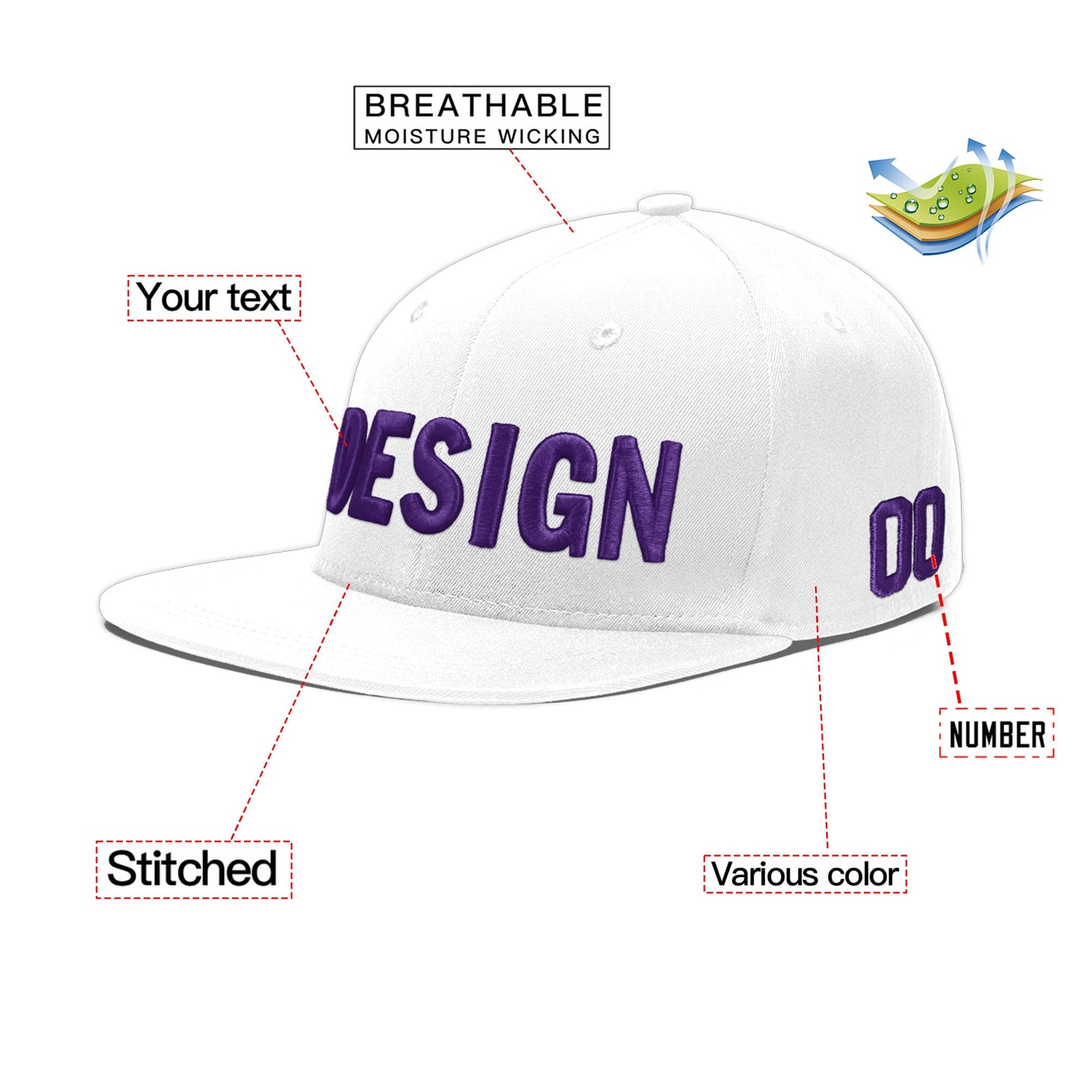 Custom White 3D Puff Embroidery Flat Embroidery Casual Sport Baseball Cap