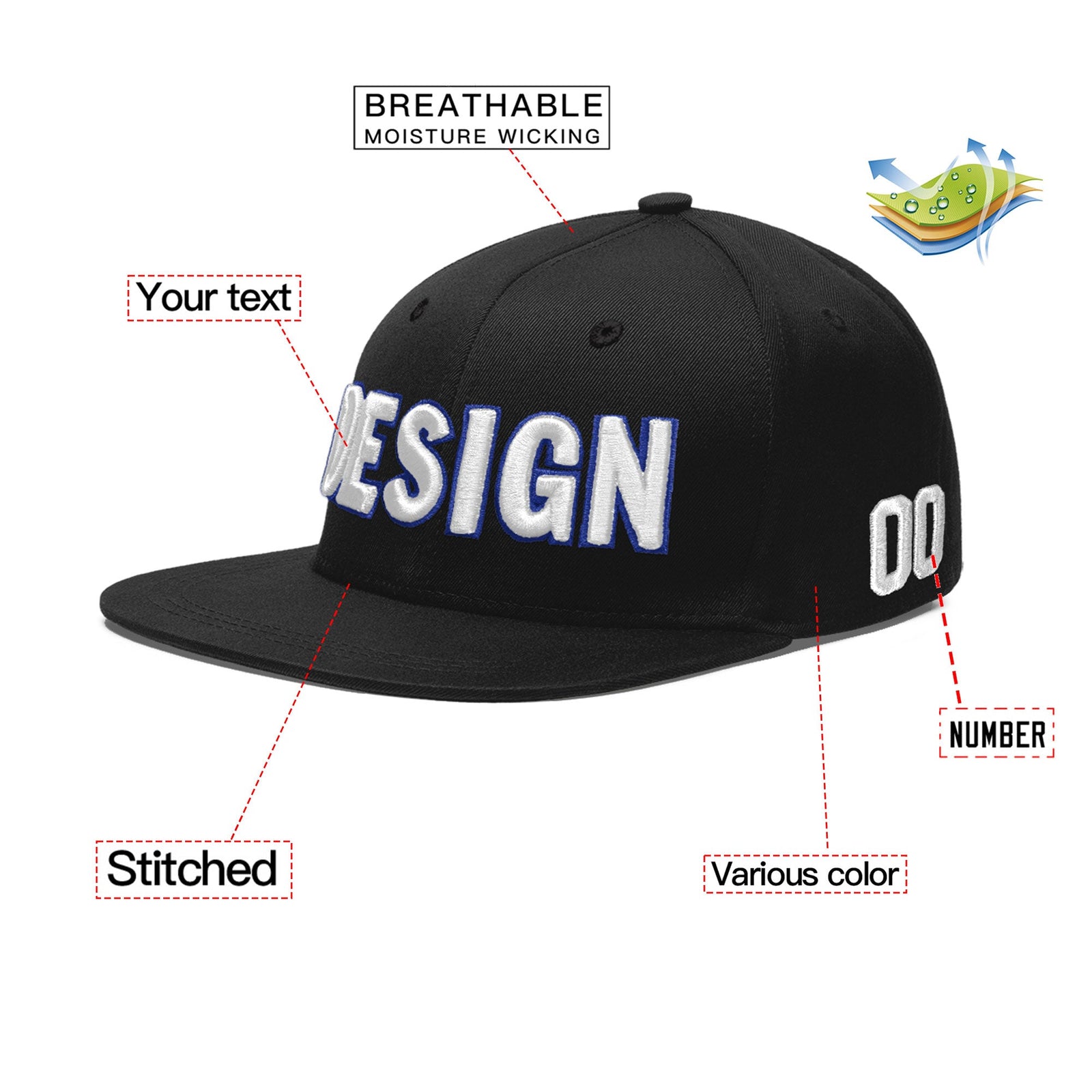 Custom Black 3D Puff Embroidery Flat Embroidery Casual Sport Baseball Cap