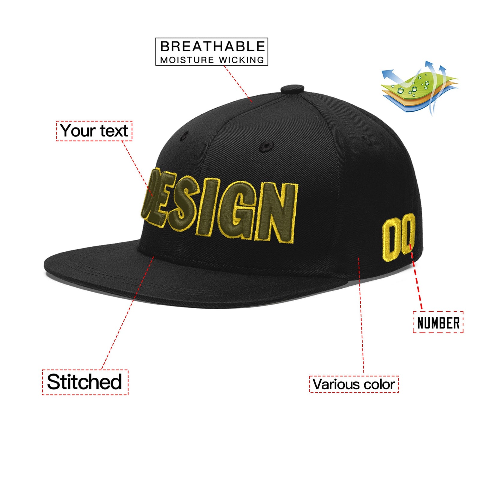 Custom Black 3D Puff Embroidery Flat Embroidery Casual Sport Baseball Cap