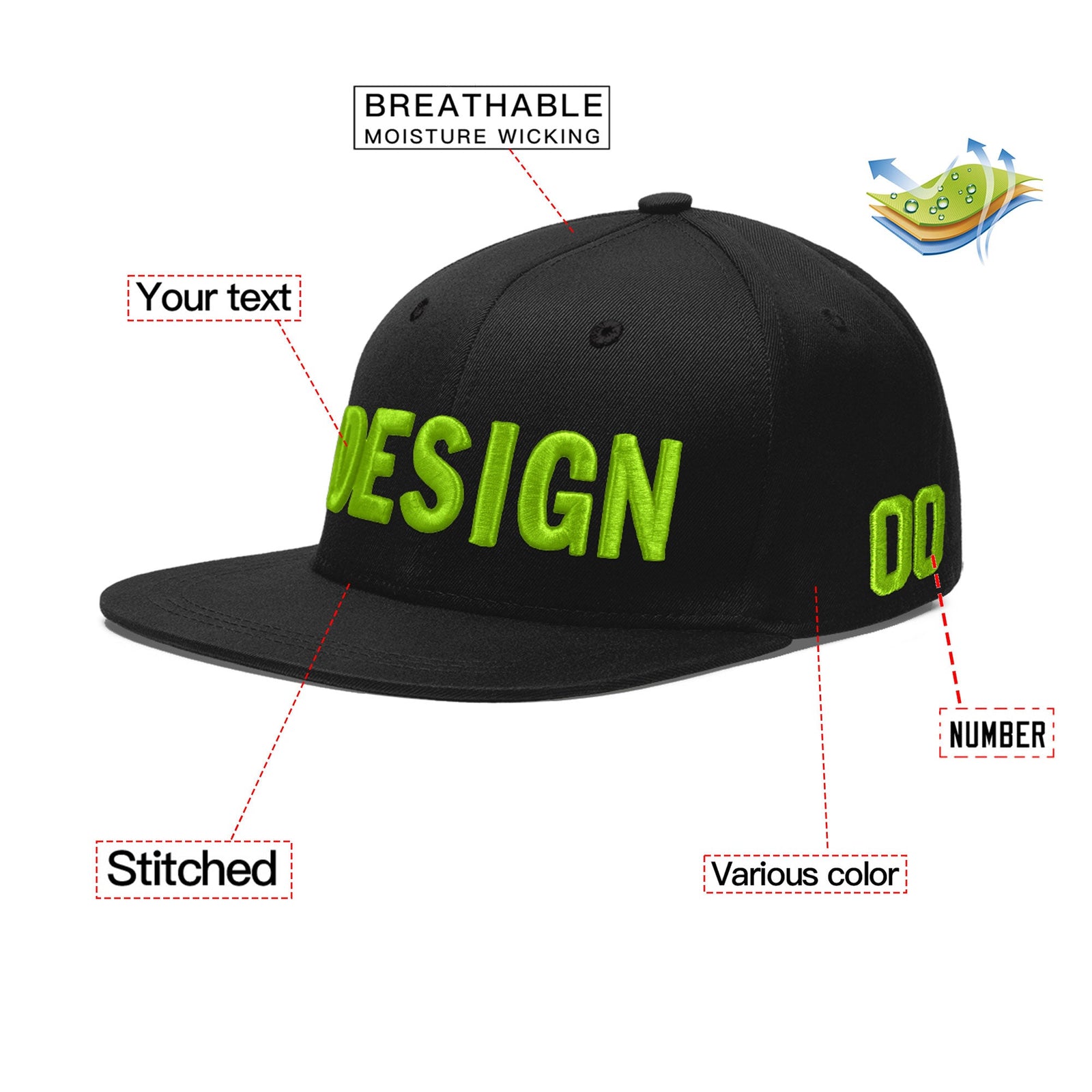 Custom Black 3D Puff Embroidery Flat Embroidery Casual Sport Baseball Cap