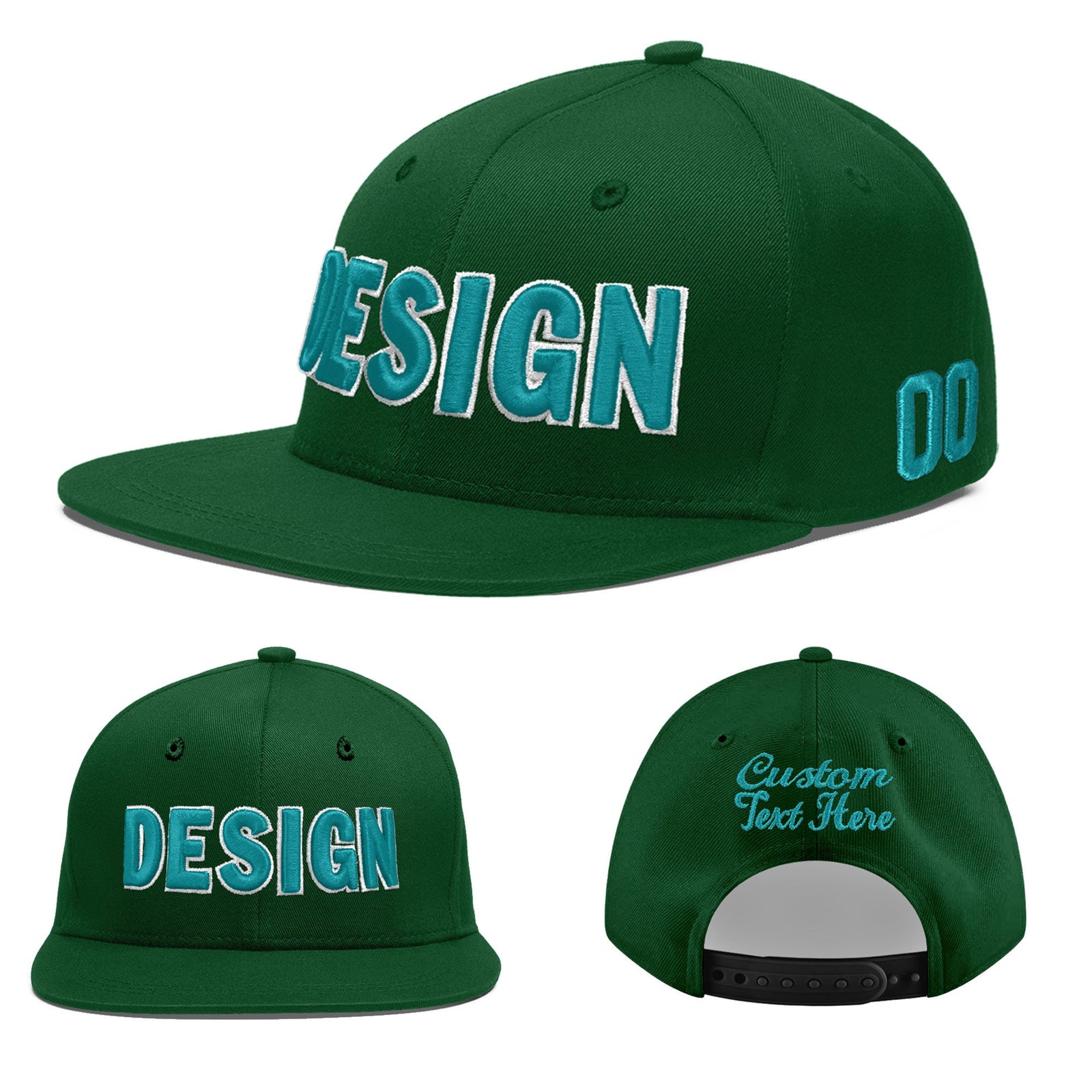 Custom Green 3D Puff Embroidery Flat Embroidery Casual Sport Baseball Cap