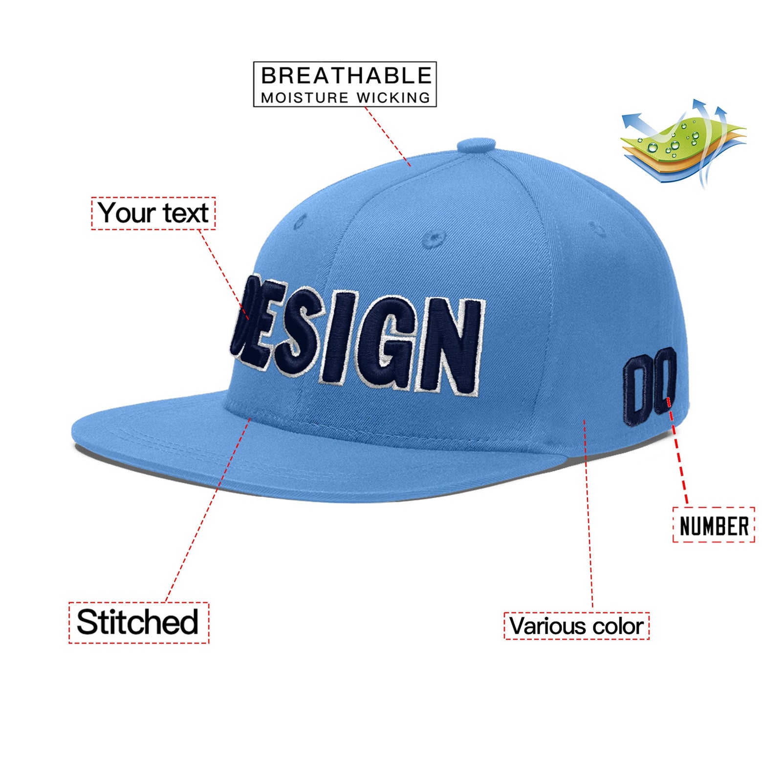 Custom Powder Blue 3D Puff Embroidery Flat Embroidery Casual Sport Baseball Cap
