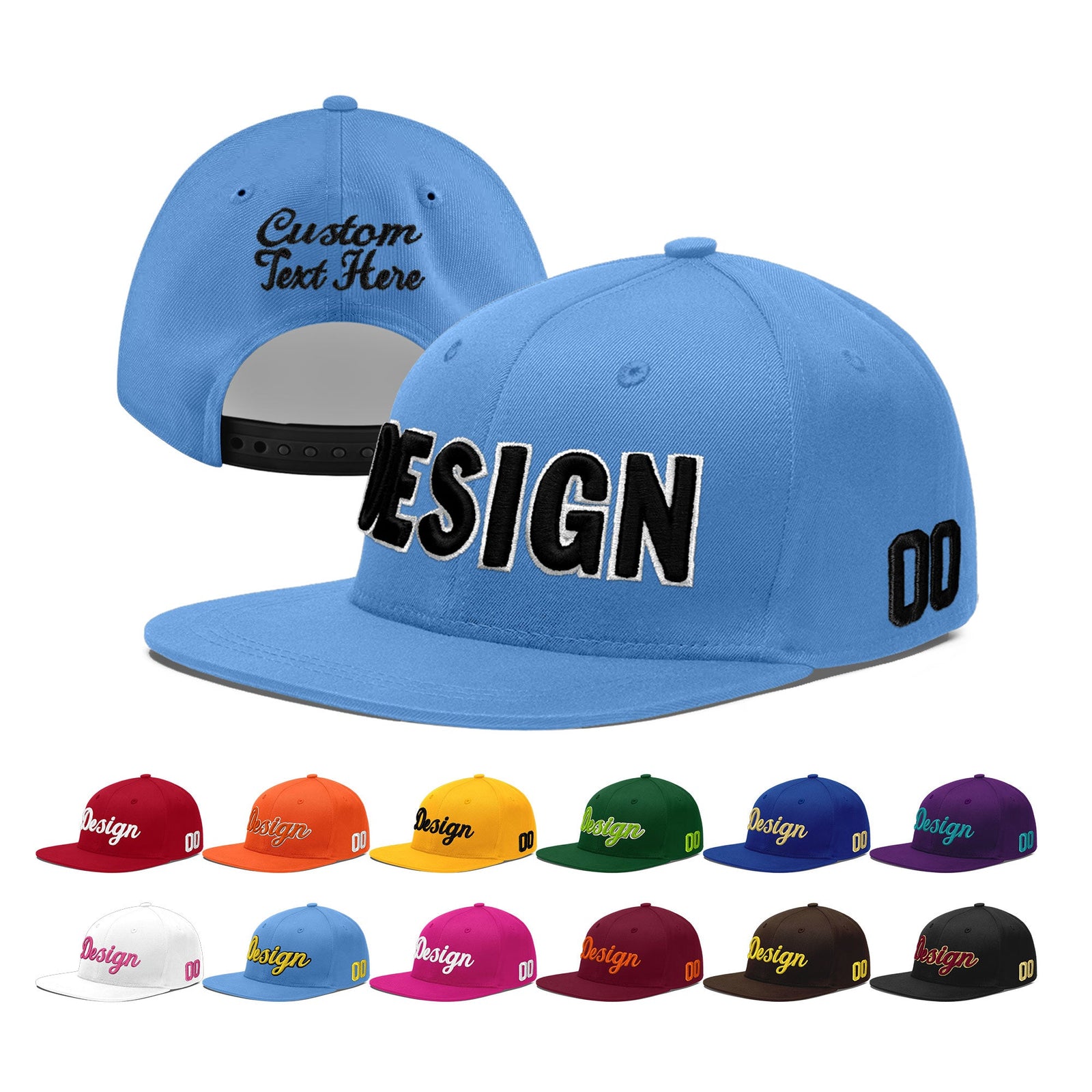 Custom Powder Blue 3D Puff Embroidery Flat Embroidery Casual Sport Baseball Cap