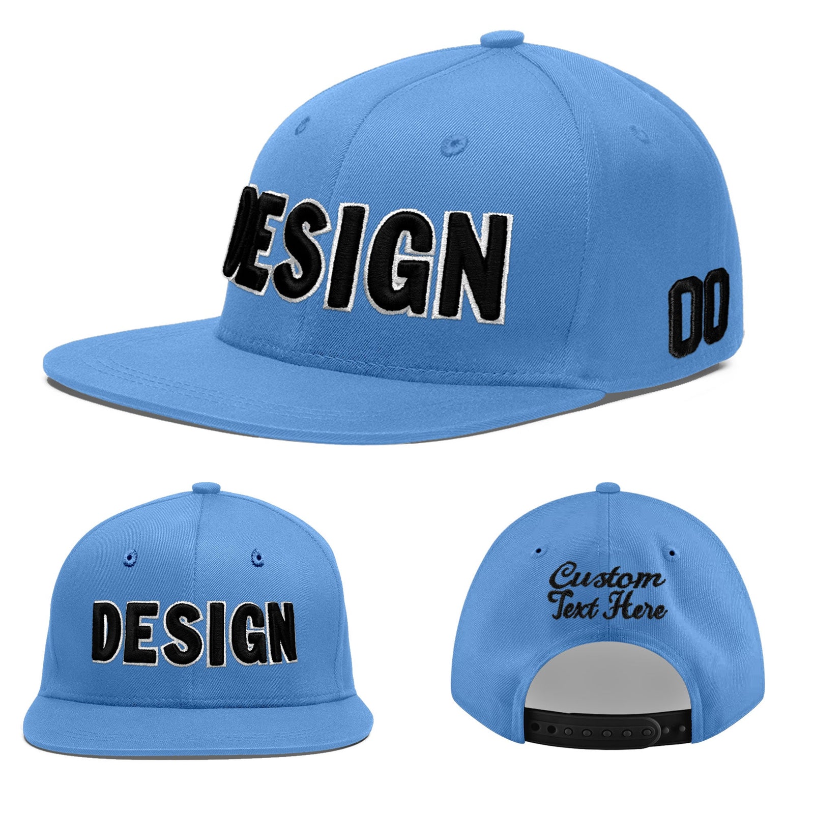 Custom Powder Blue 3D Puff Embroidery Flat Embroidery Casual Sport Baseball Cap