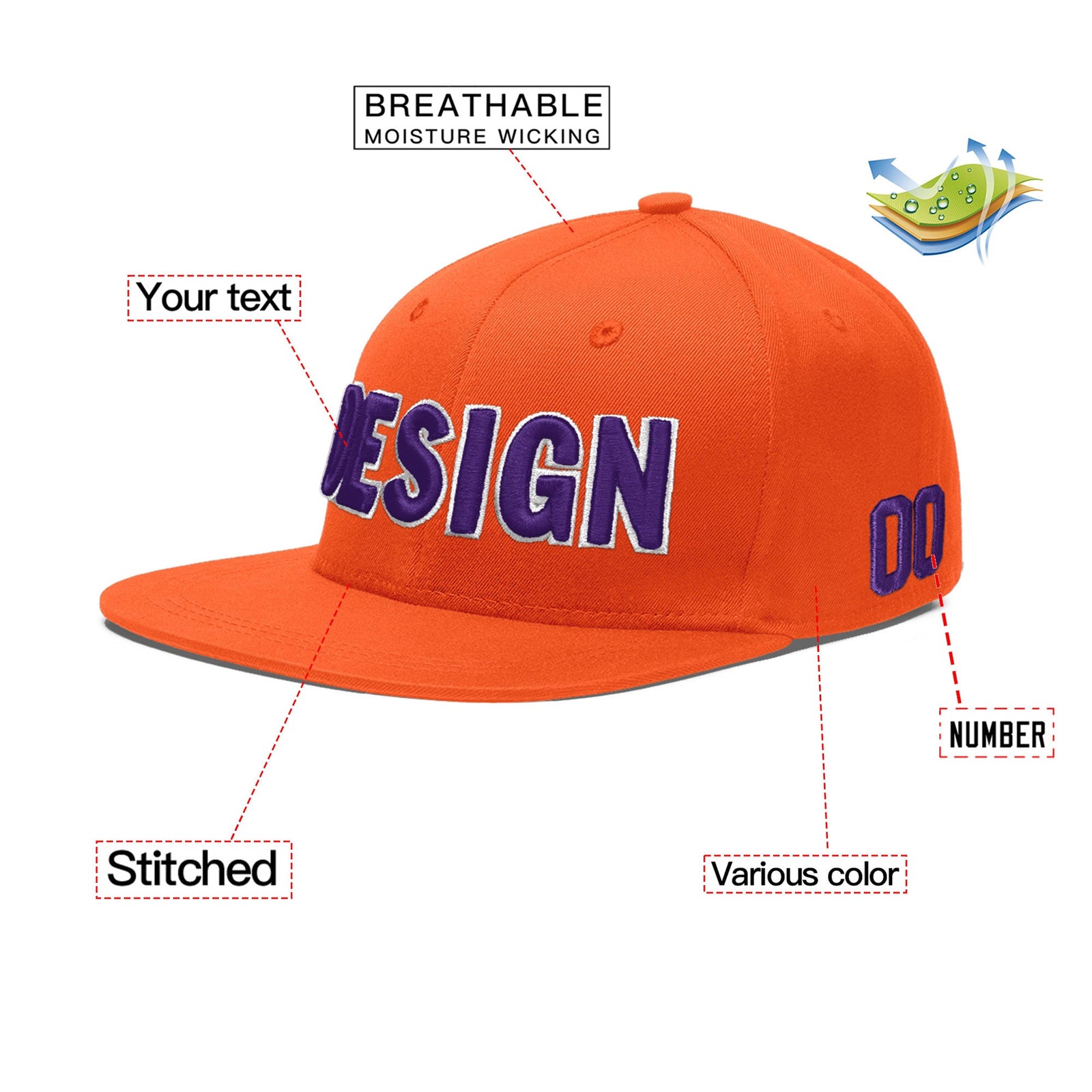 Custom Orange 3D Puff Embroidery Flat Embroidery Casual Sport Baseball Cap
