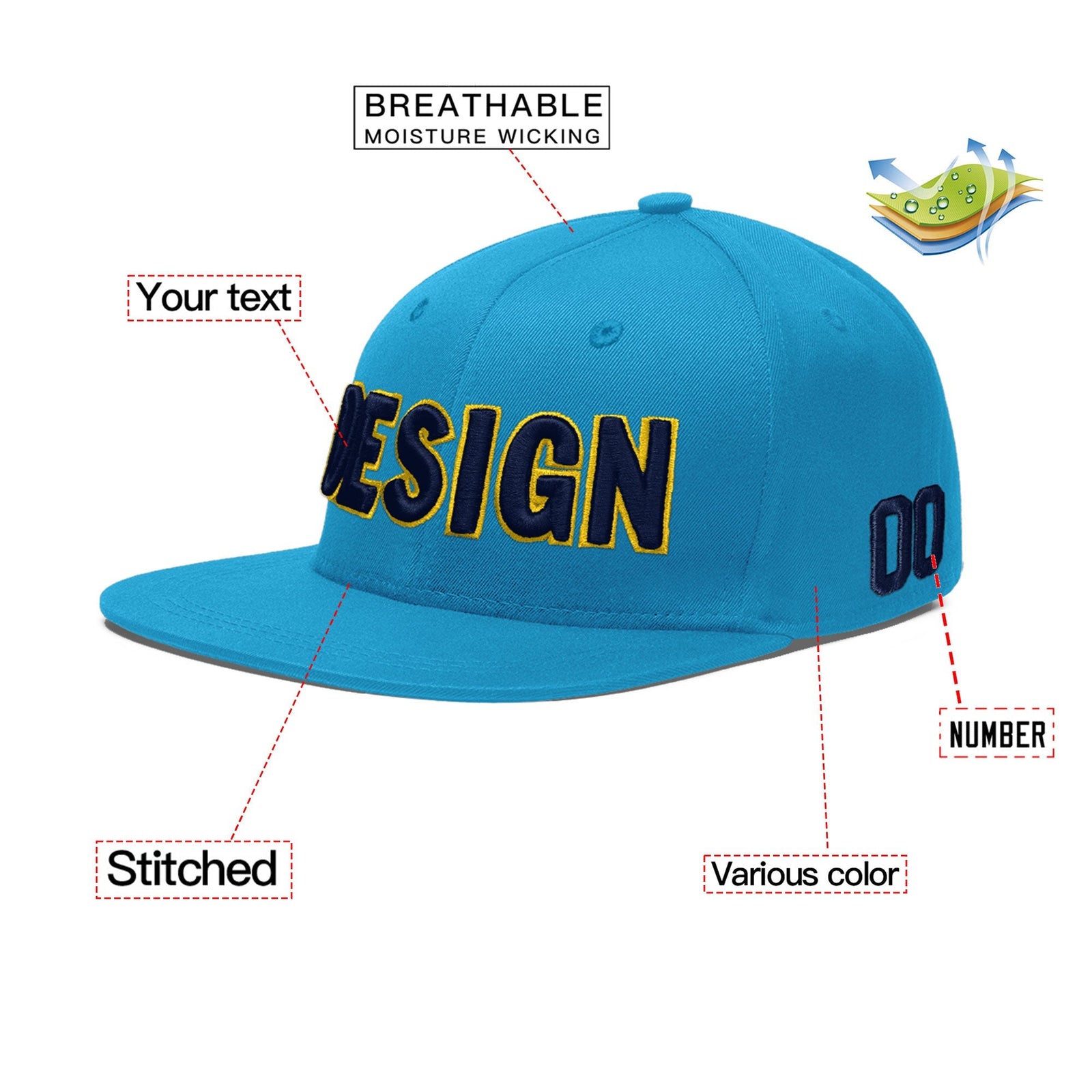 Custom Light Blue 3D Puff Embroidery Flat Embroidery Casual Sport Baseball Cap
