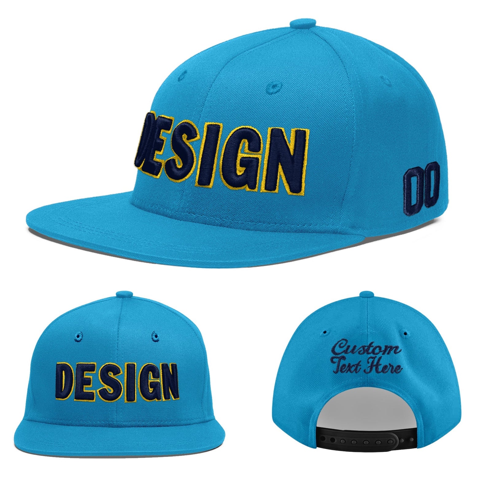 Custom Light Blue 3D Puff Embroidery Flat Embroidery Casual Sport Baseball Cap