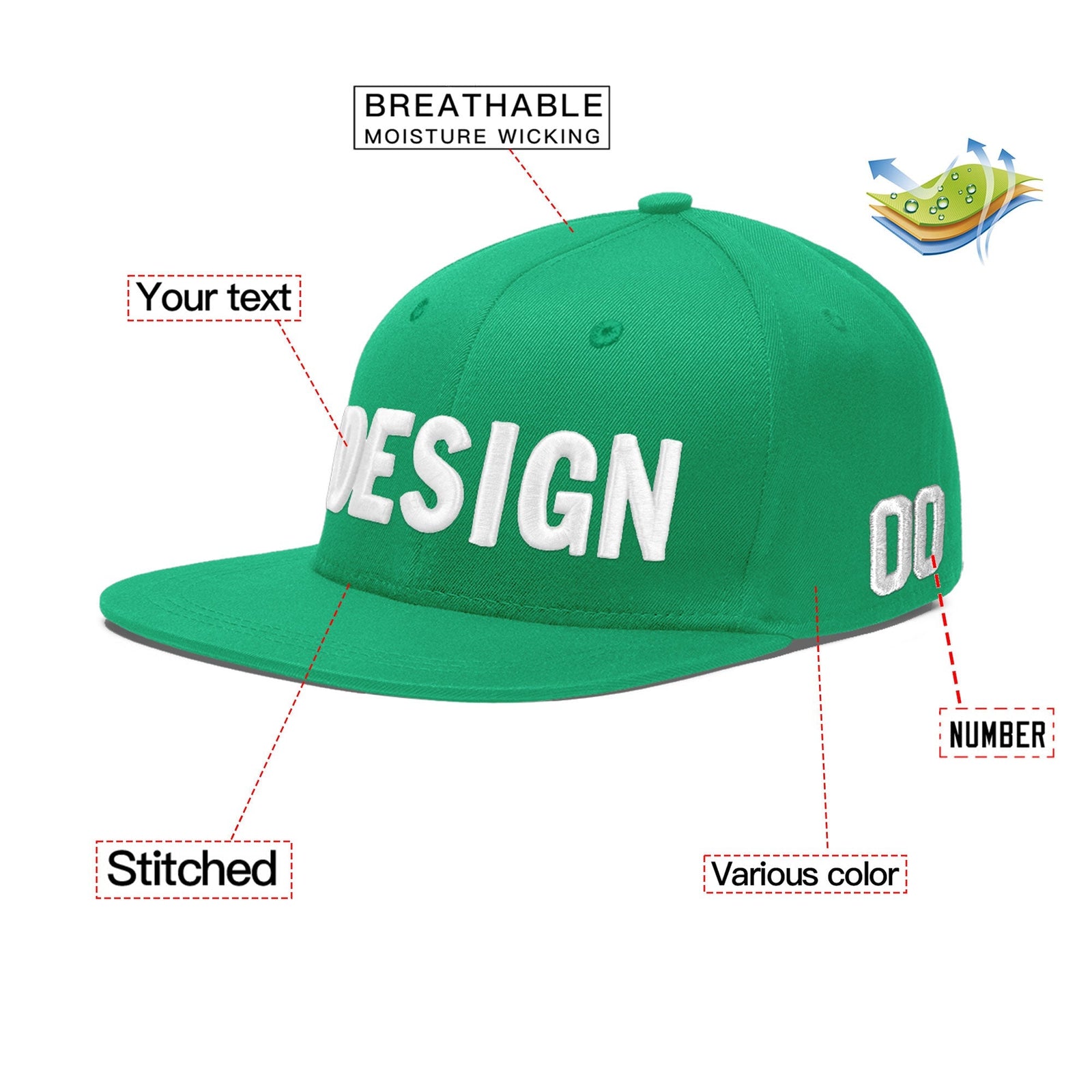 Custom Aqua 3D Puff Embroidery Flat Embroidery Casual Sport Baseball Cap