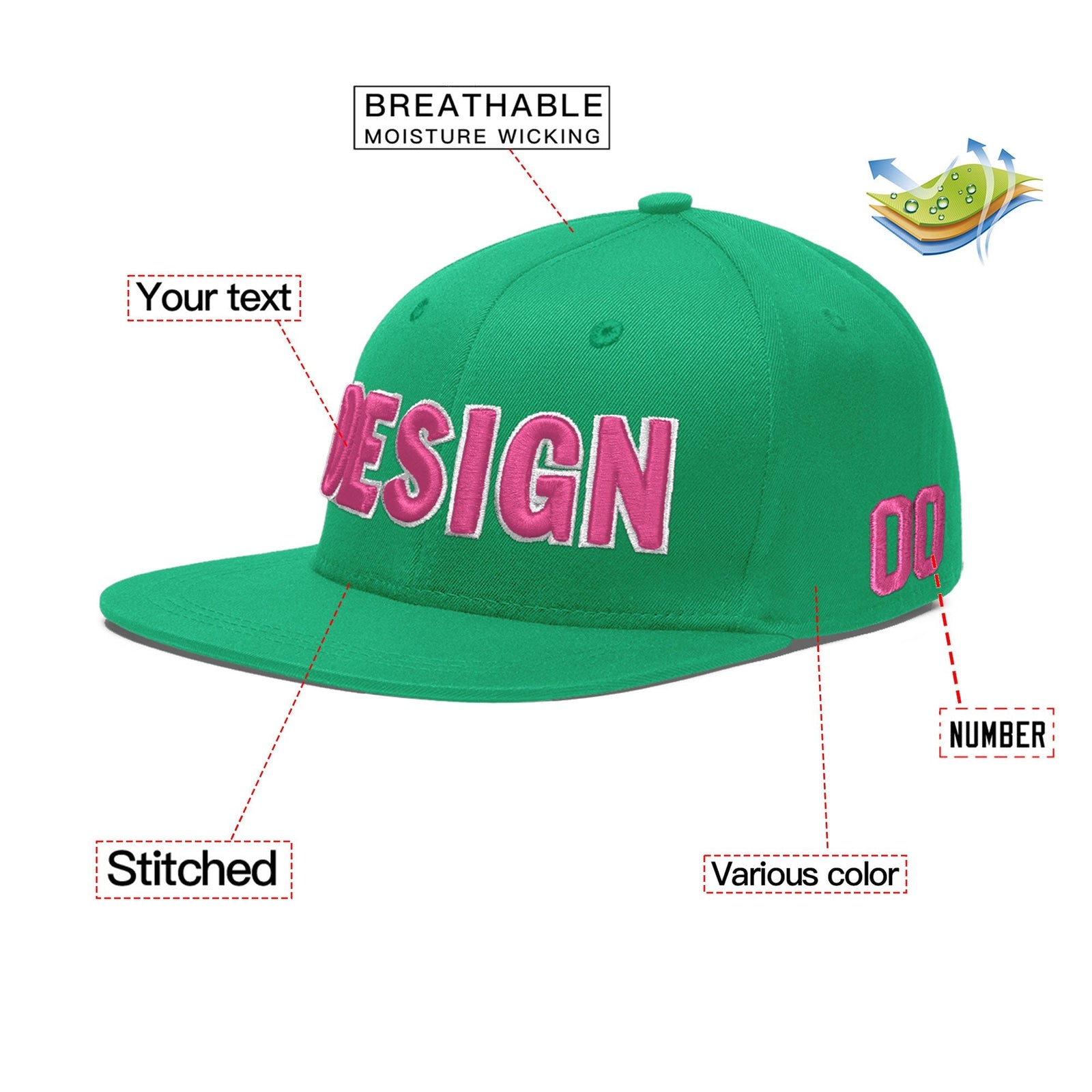 Custom Aqua 3D Puff Embroidery Flat Embroidery Casual Sport Baseball Cap