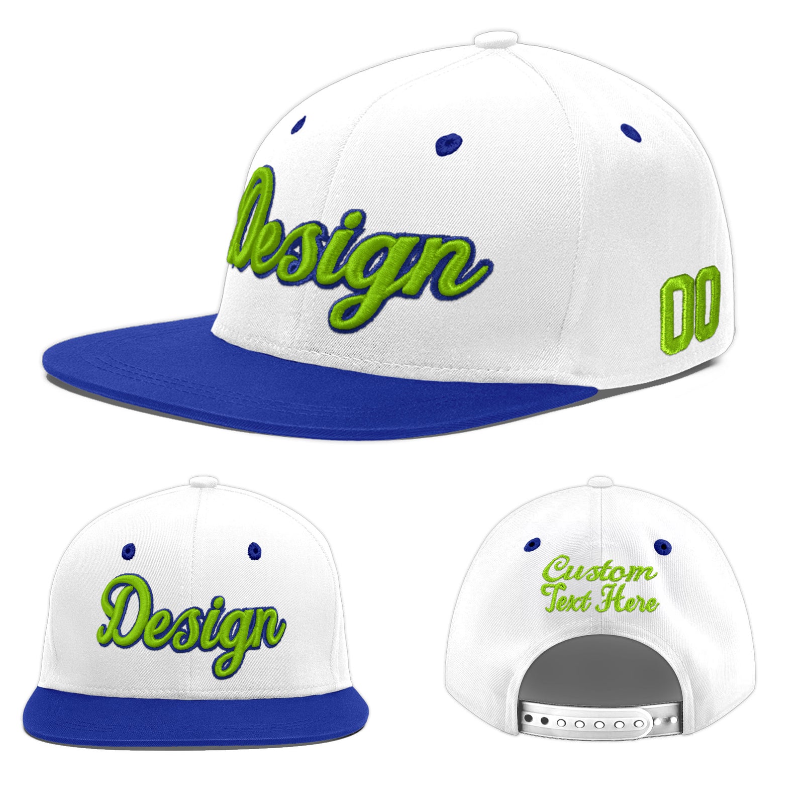 Custom White Royal Blue 3D Puff Embroidery Flat Embroidery Casual Sport Baseball Cap